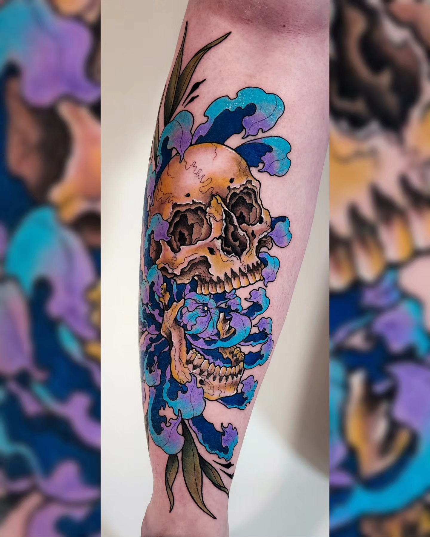 Skulls and clouds American traditional tattoo on the forearm by Mariah Giovanna Hodgens