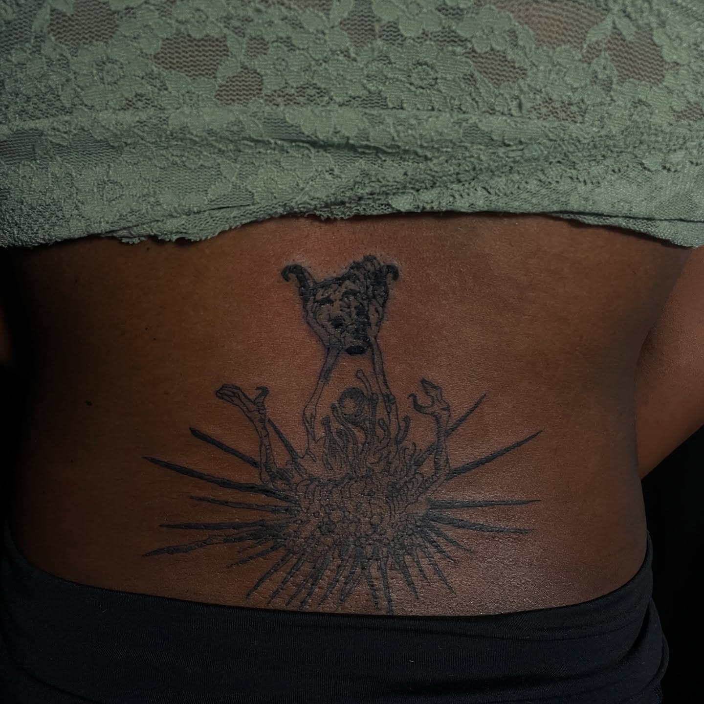Sunburst with animal black and grey tattoo on the torso by ɴᴏᴍᴢ ᴅʏsᴇᴍʙᴏᴅɪᴍᴇɴᴛ
