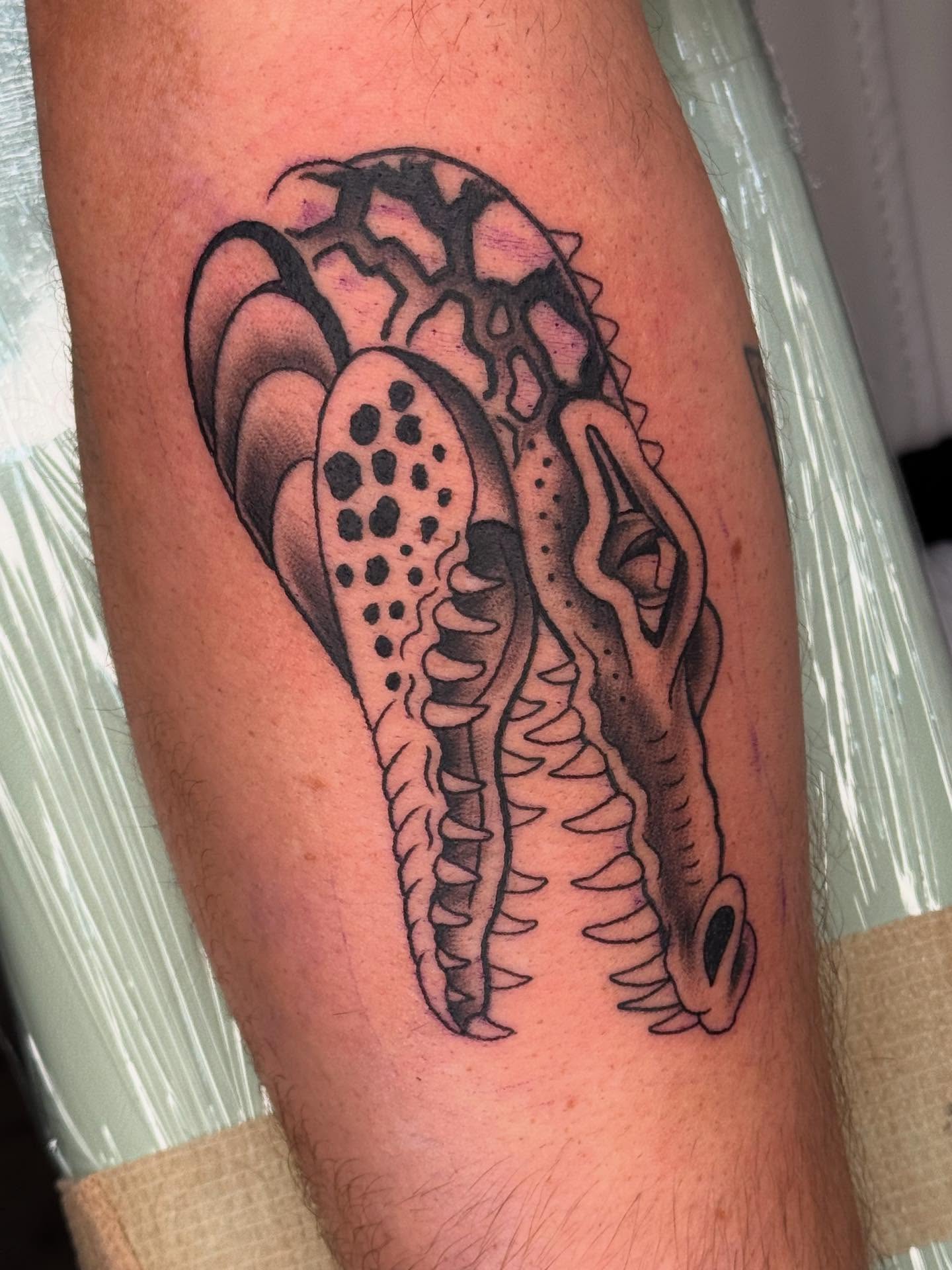 Tattoo by @aarondoestattoos — black_and_grey