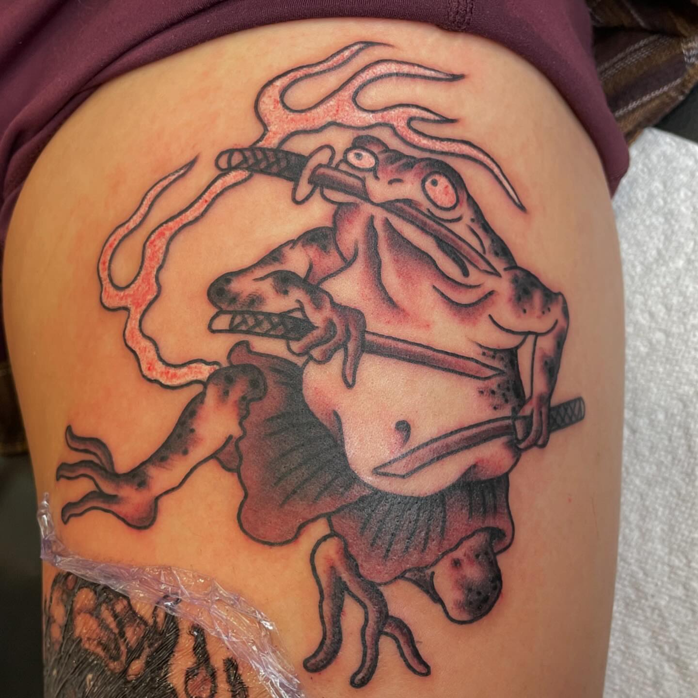 Demon with sword japanese irezumi tattoo on the thigh by Hannah Edwards, Austin, Texas