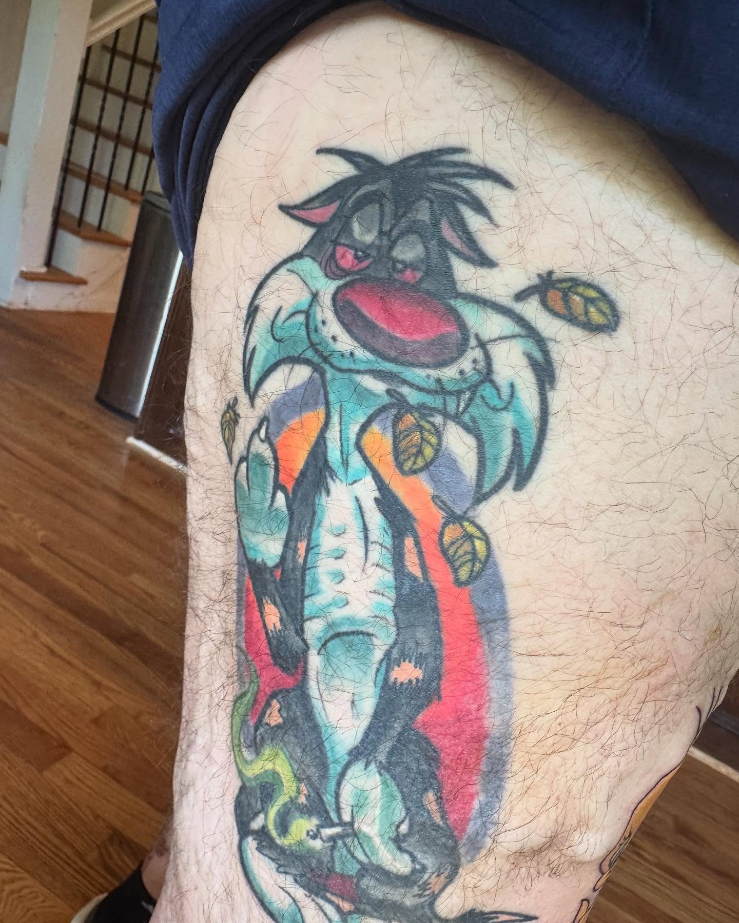 Donald duck new school tattoo on the thigh by Edward Argibay