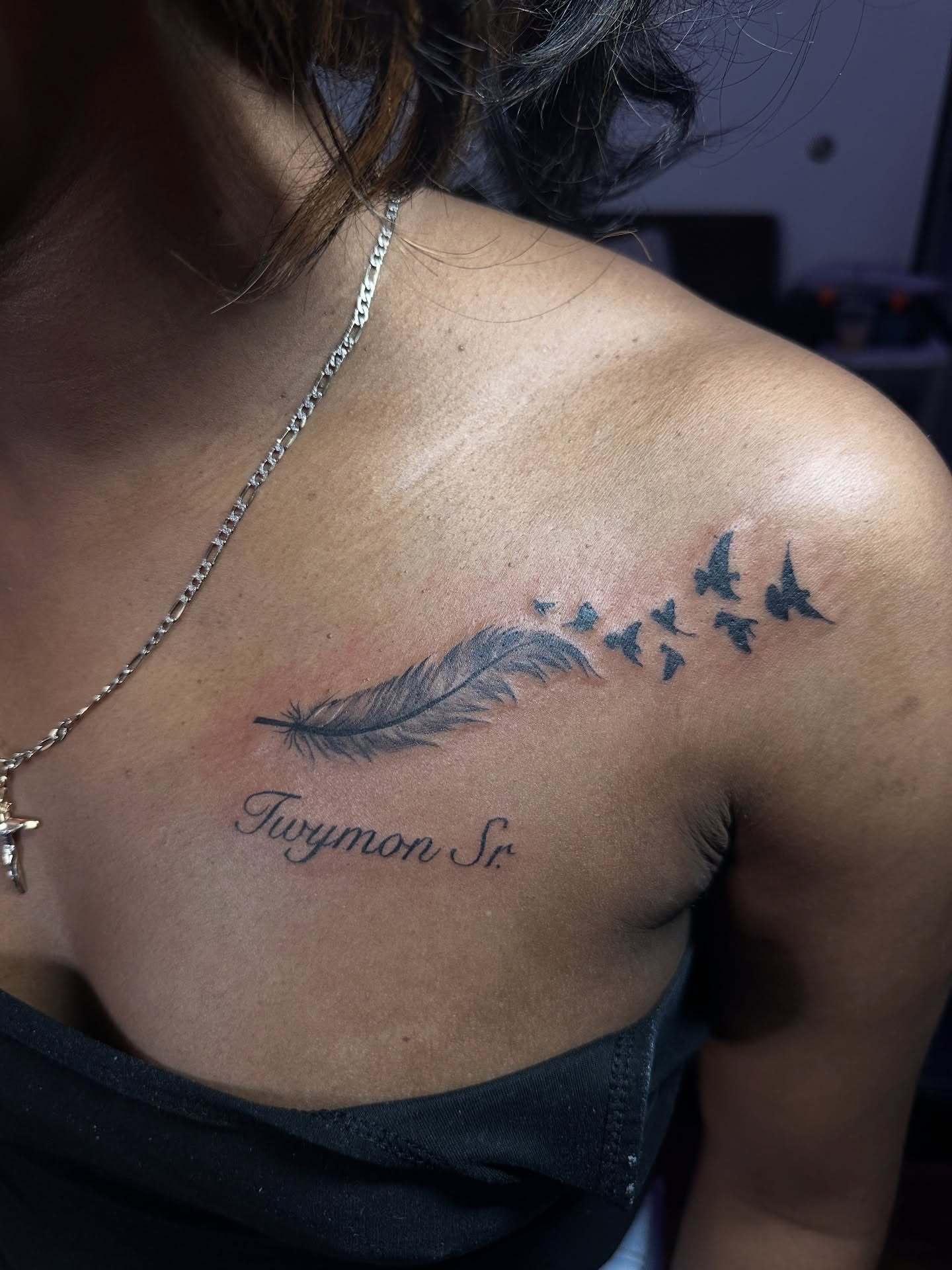 Feather and birds black and grey tattoo on the shoulder by Chris (Pikasso)