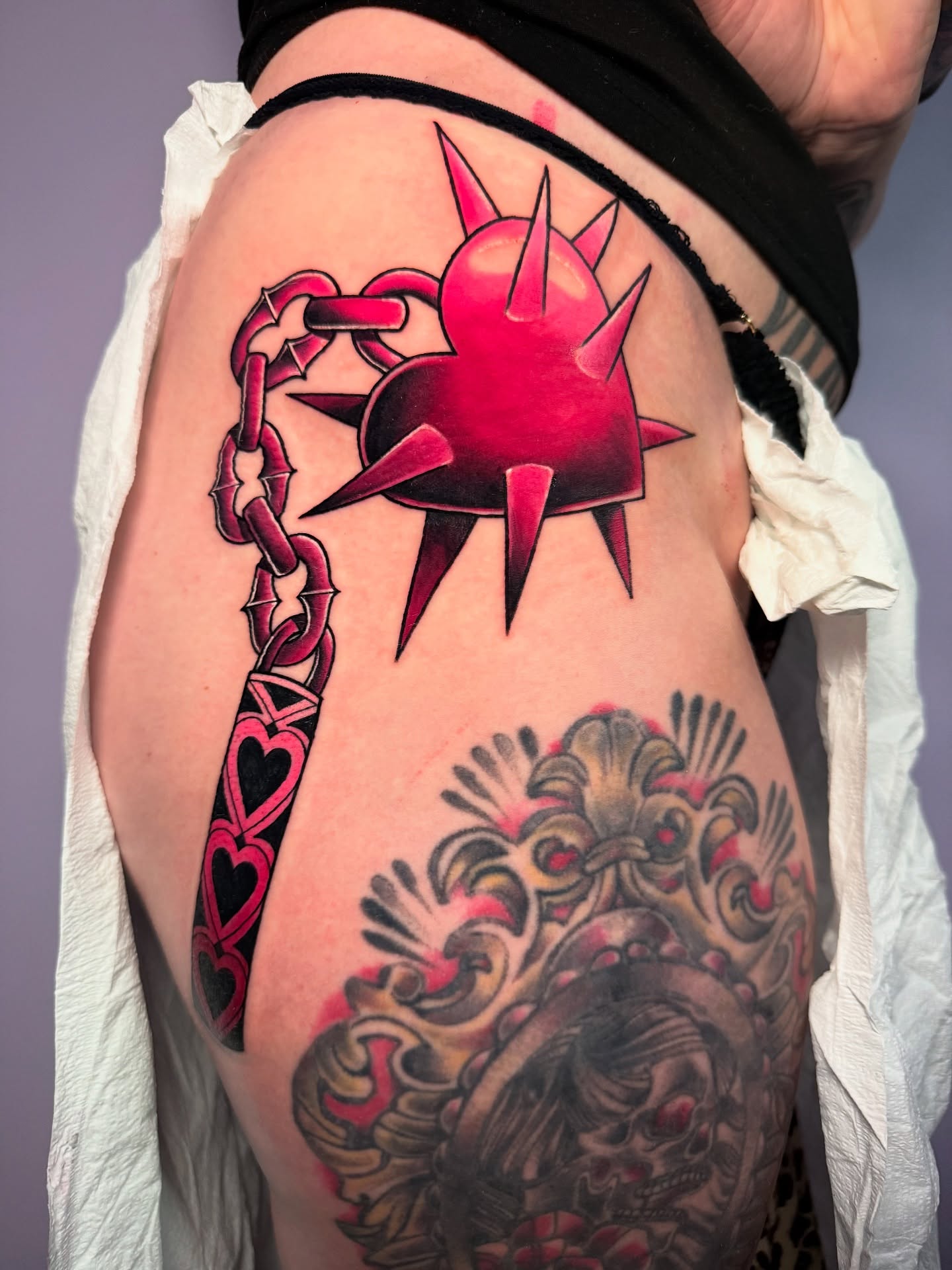 Heart with spikes American traditional tattoo on the thigh by ๐ฎ๐๐๐๐๐๐