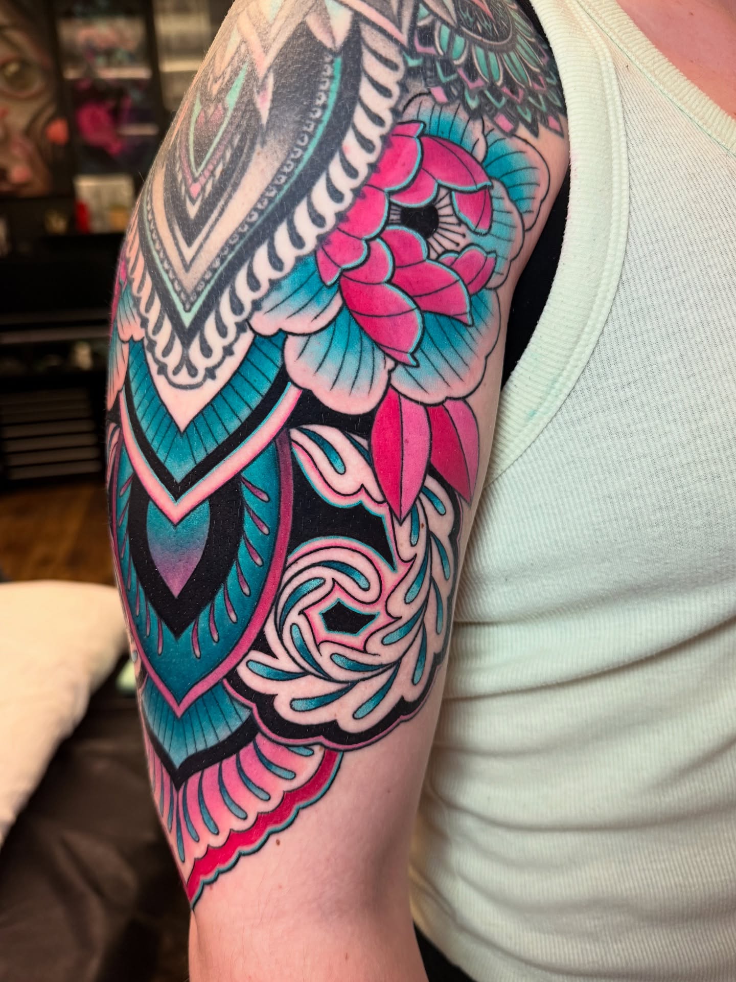 Floral mandala new school tattoo on the upper arm by ๐ฎ๐๐๐๐๐๐