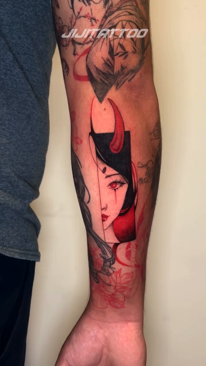 Oni mask and woman japanese irezumi tattoo by 🇰🇷jijitattoo 🇺🇸