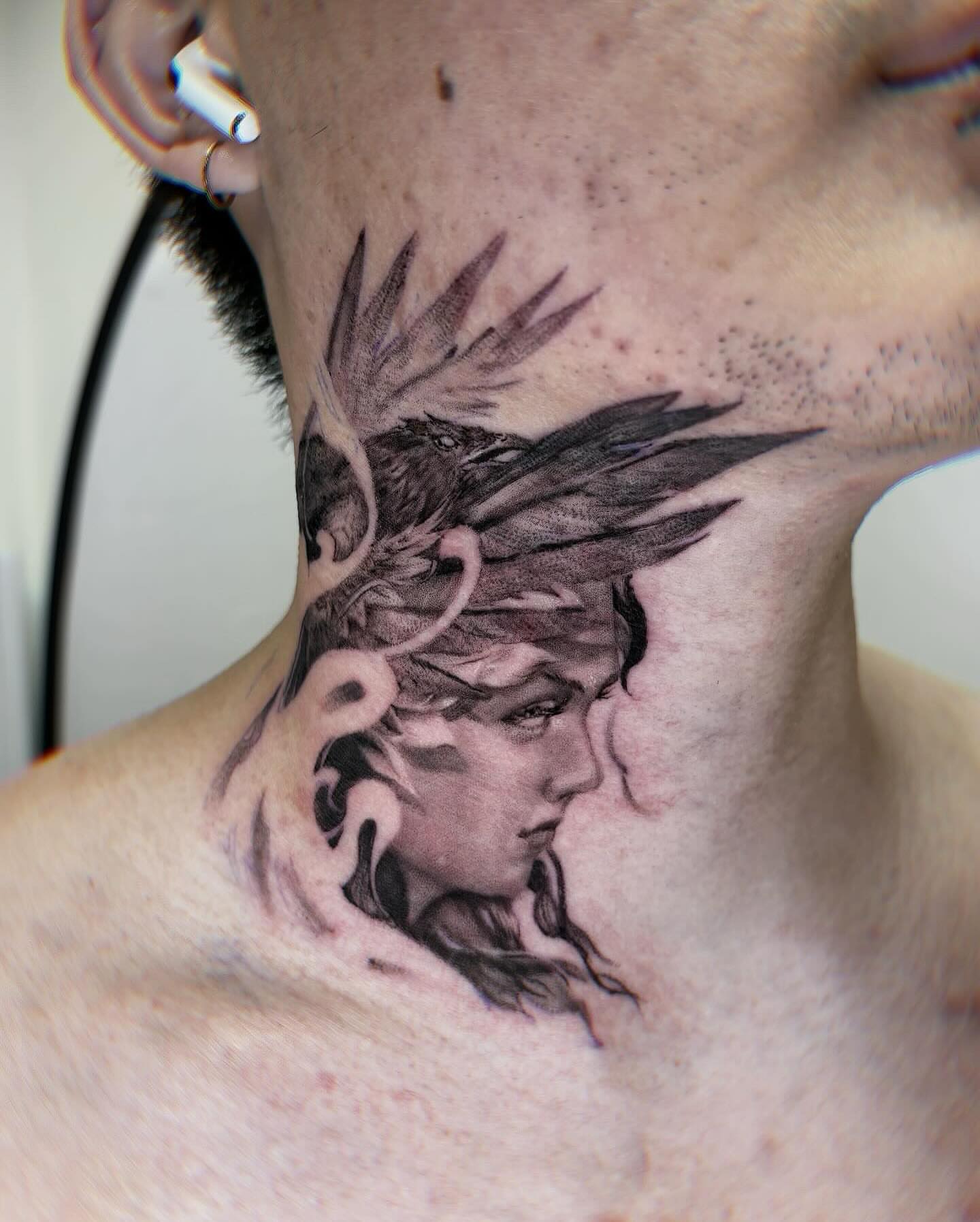 Woman's face realism tattoo on the neck by Yu Chen