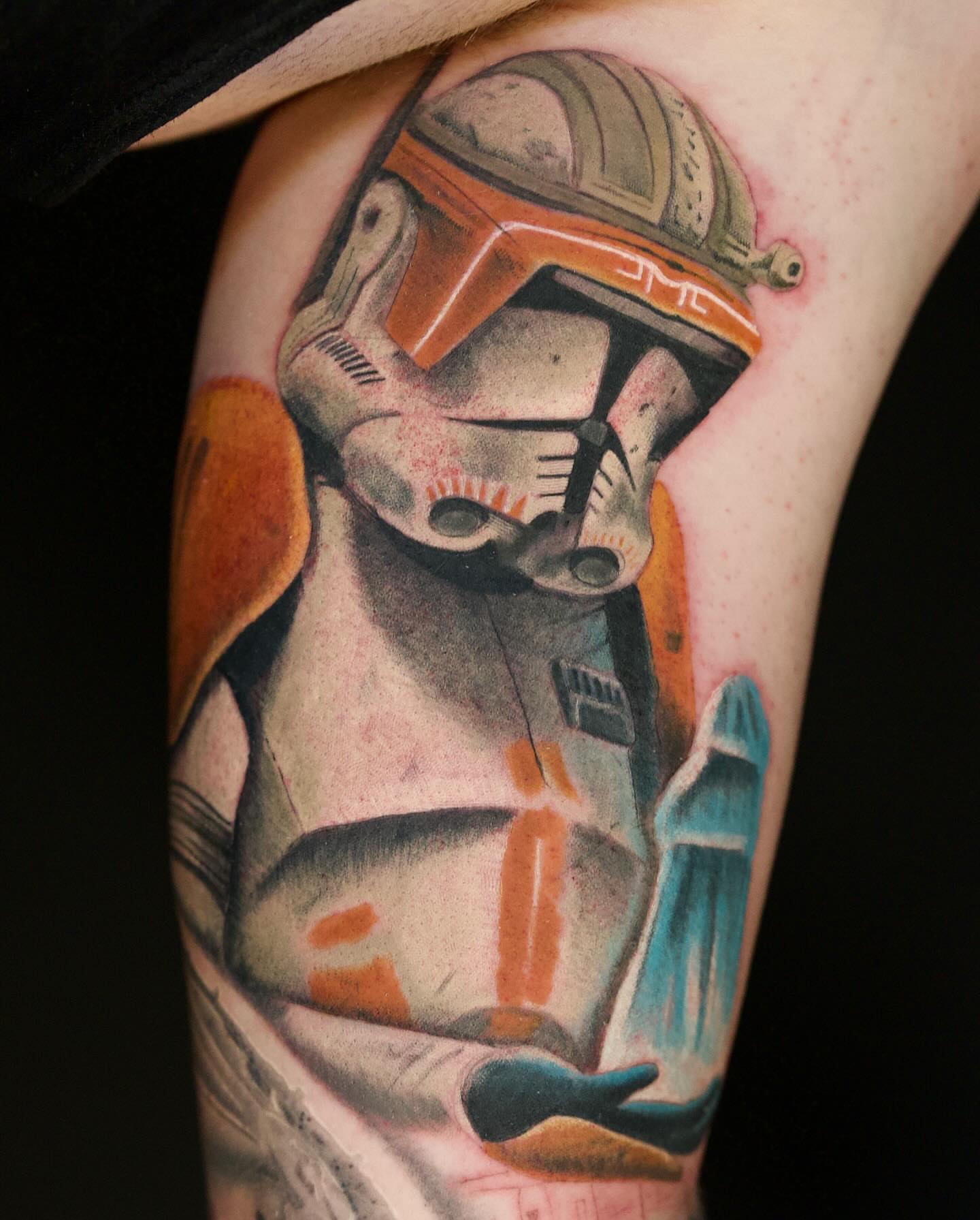 Boba fett helmet realism tattoo on the forearm by Chris Lochbihler