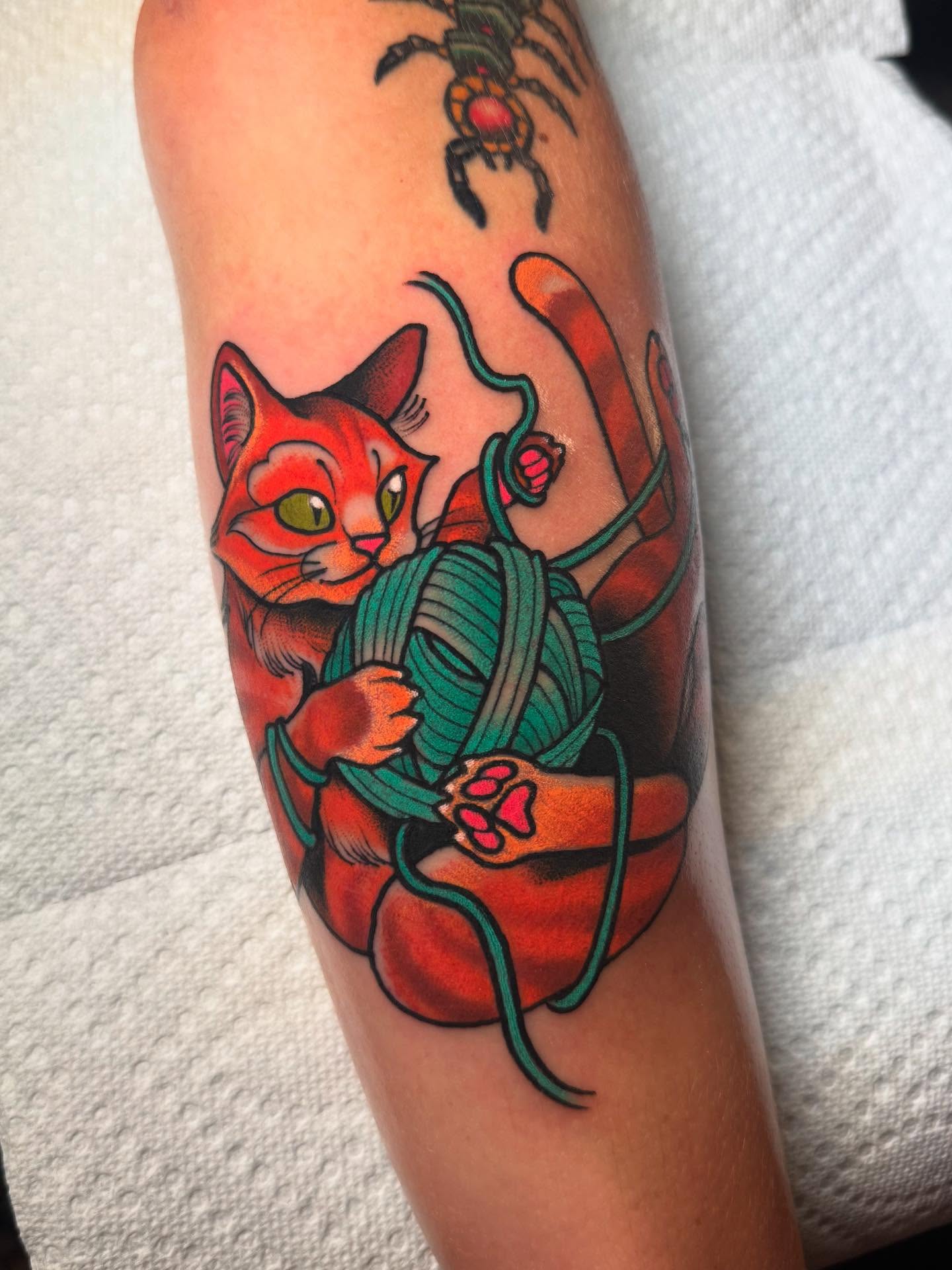 Cat with yarn American traditional tattoo on the forearm by Jess Longfield, Des Moines, Iowa