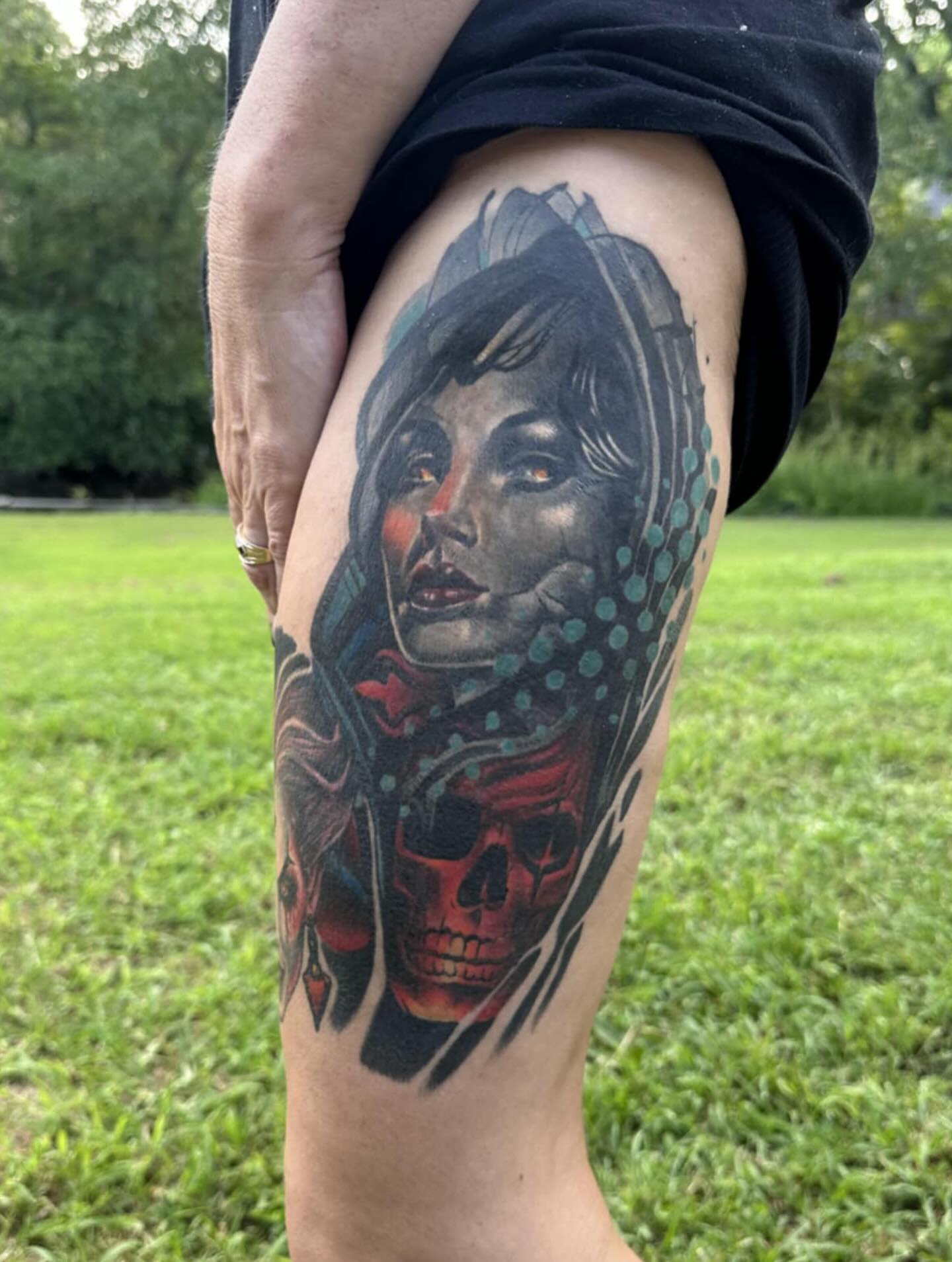 Tattoo by @huckleberrytattoos — realism, dotwork