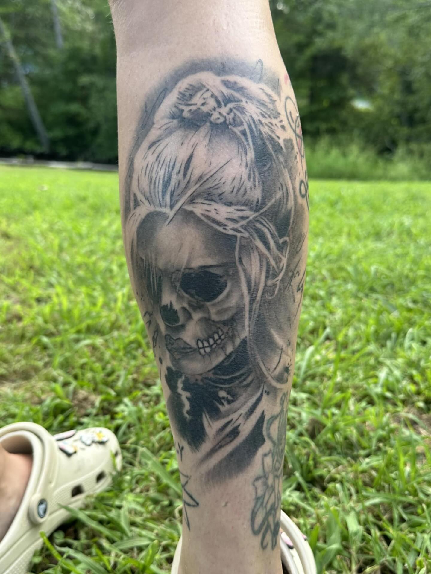 Tattoo by @huckleberrytattoos — black_and_grey, realism