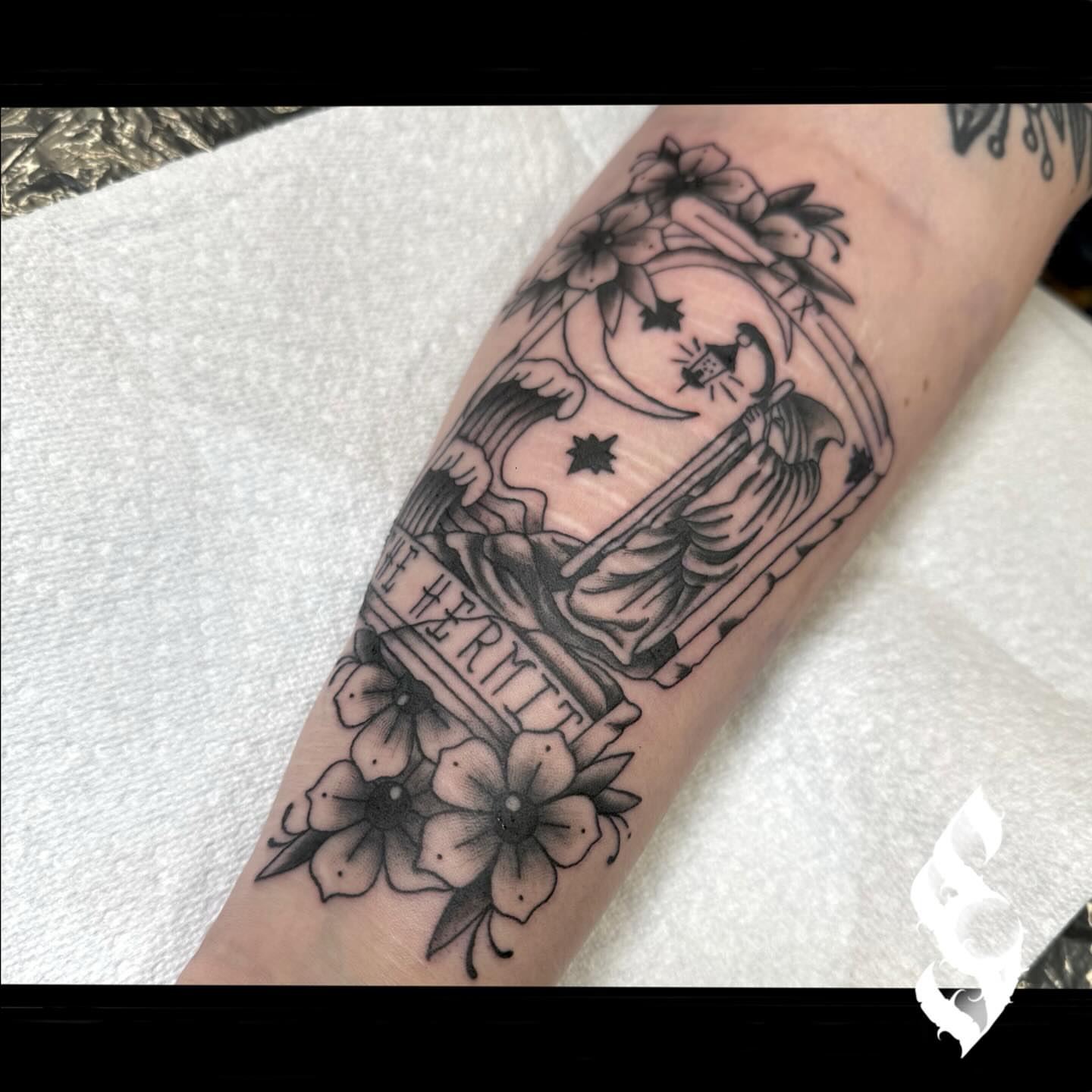 Hermit card American traditional tattoo on the forearm by Amanda Stampfly