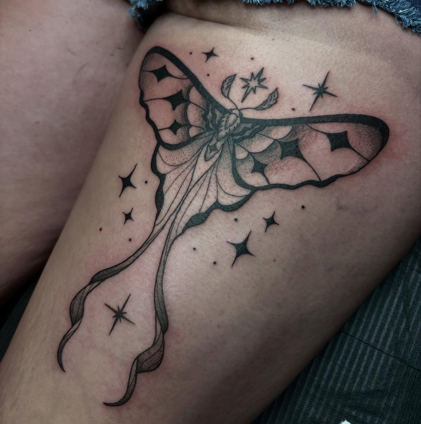 Butterfly black and grey tattoo on the thigh by ππ©π’π΅ππ«π‘π―π ππ¬π«π’π°