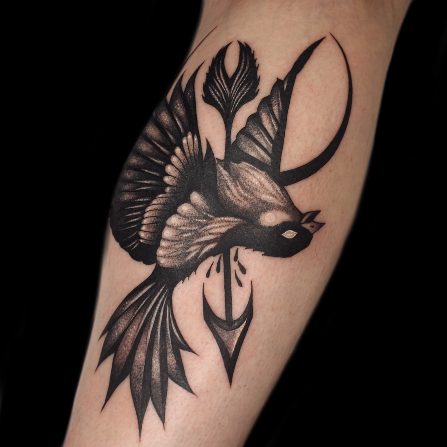 Swallow black and grey tattoo on the forearm by Galen