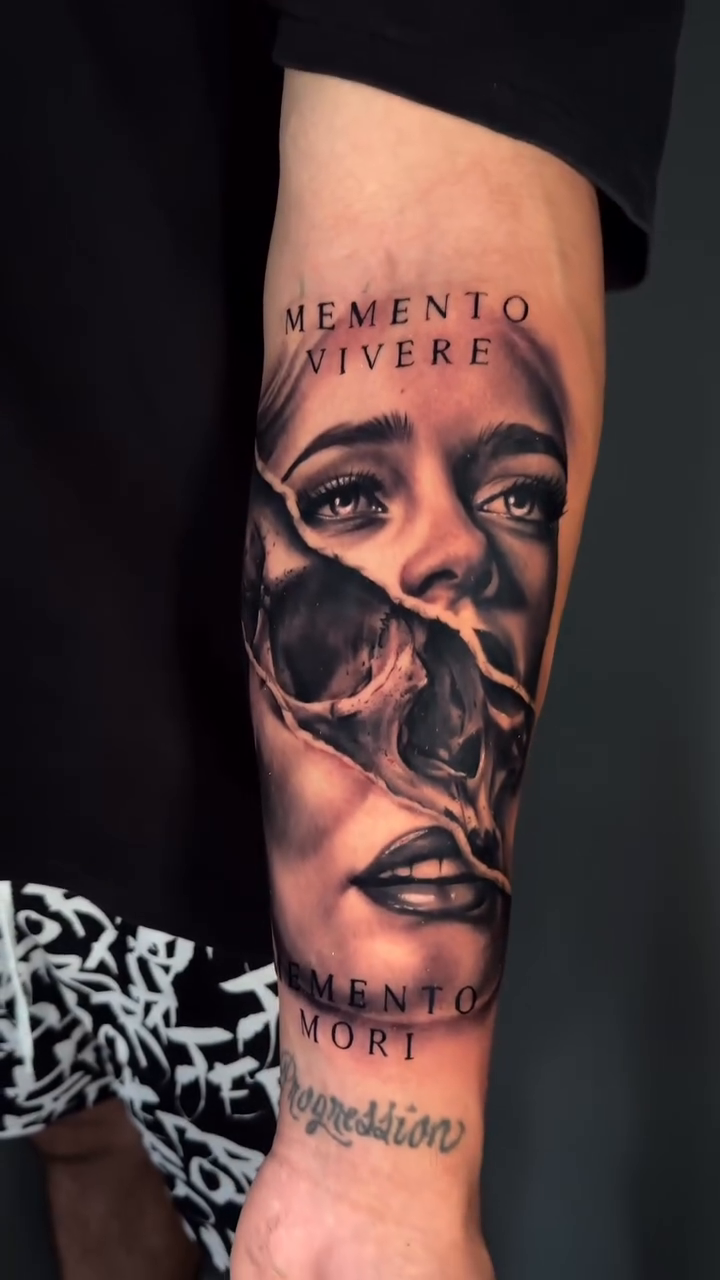 Split face and skull realism tattoo by Dakota Case