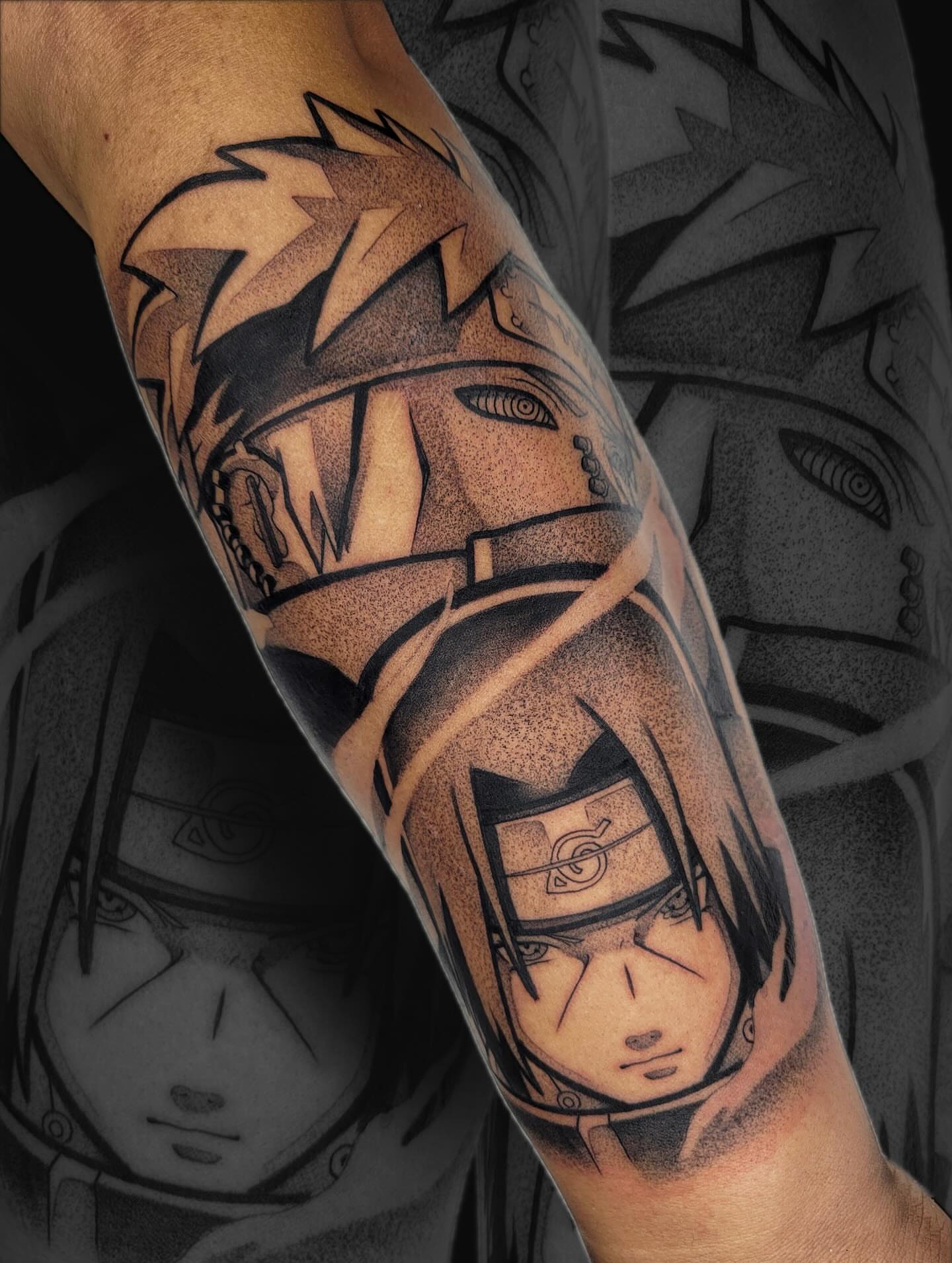 Anime characters dotwork tattoo on the forearm by Danny, San Luis Obispo, California