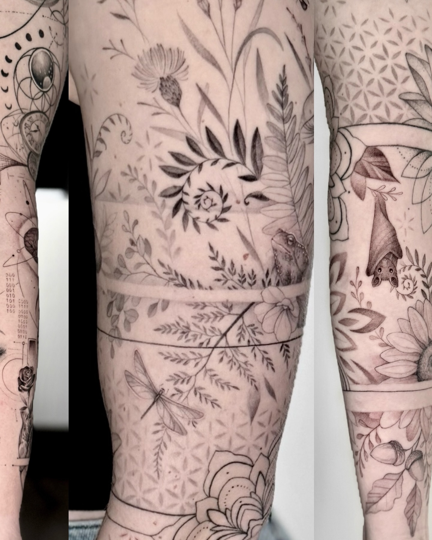 Floral and nature motifs dotwork tattoo on the forearm by Jax Citriglia