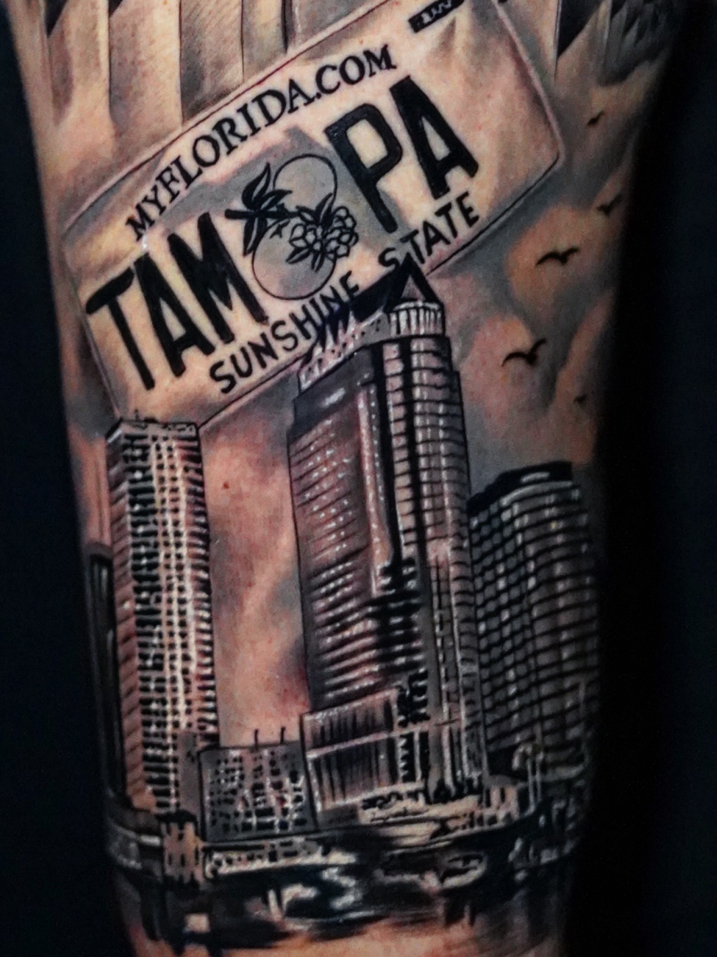 Tampa skyline black and grey tattoo on the forearm by 𝐍𝐄𝐗'𝐒 𝐈𝐍𝐊 🇨🇺, Tampa