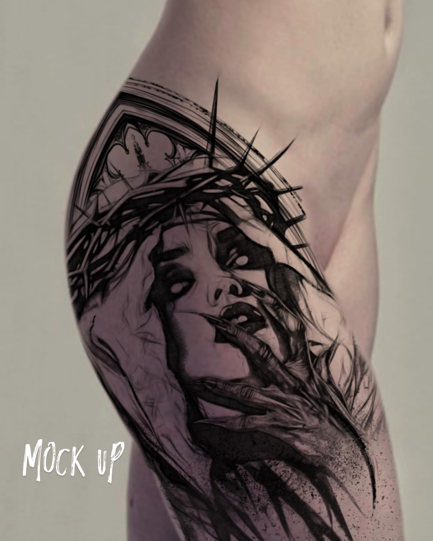 Woman with crown of thorns dark realism tattoo on the forearm by AaronAdlerTattoos.com, Cincinnati