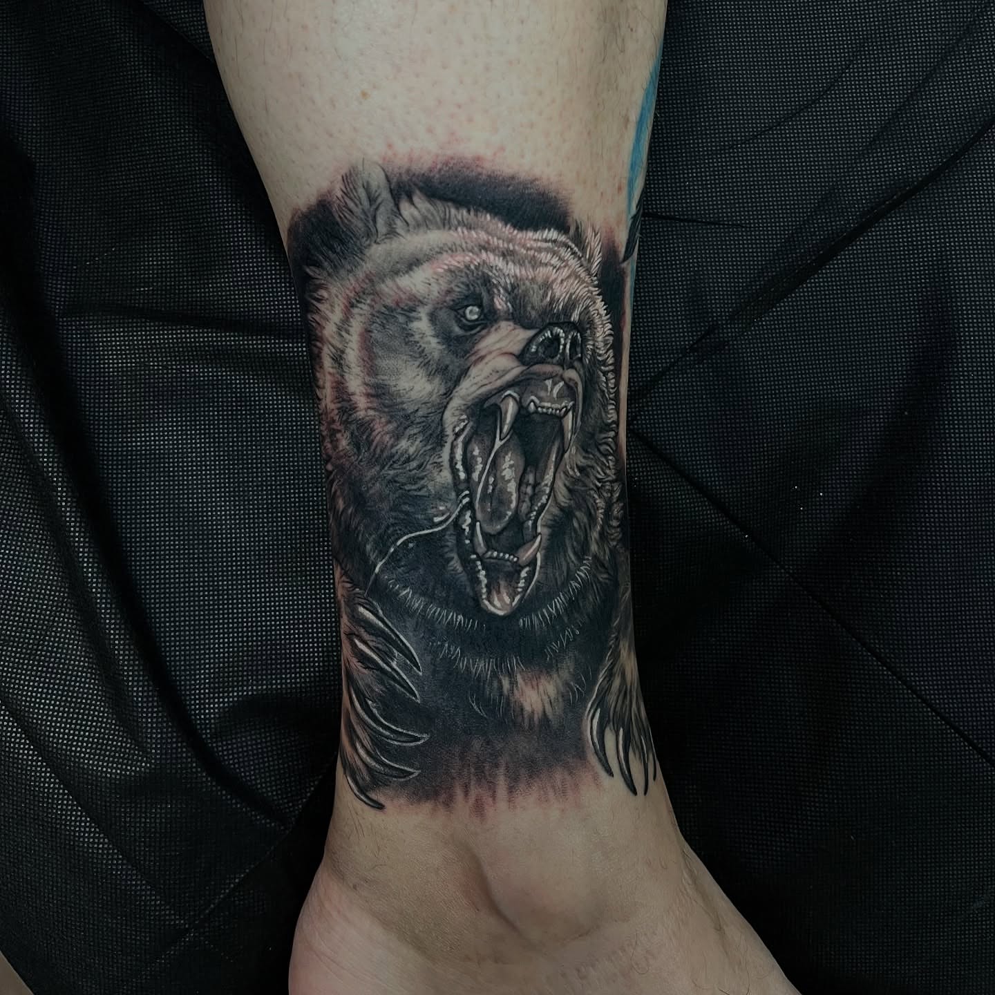 Bear realism tattoo on the forearm by Angelique Sanders, Tellico Plains, Tennessee