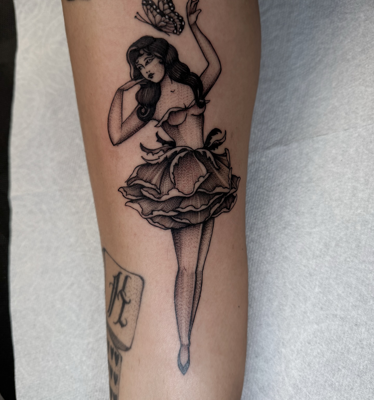 Ballerina dotwork tattoo on the forearm by Gabah🌹