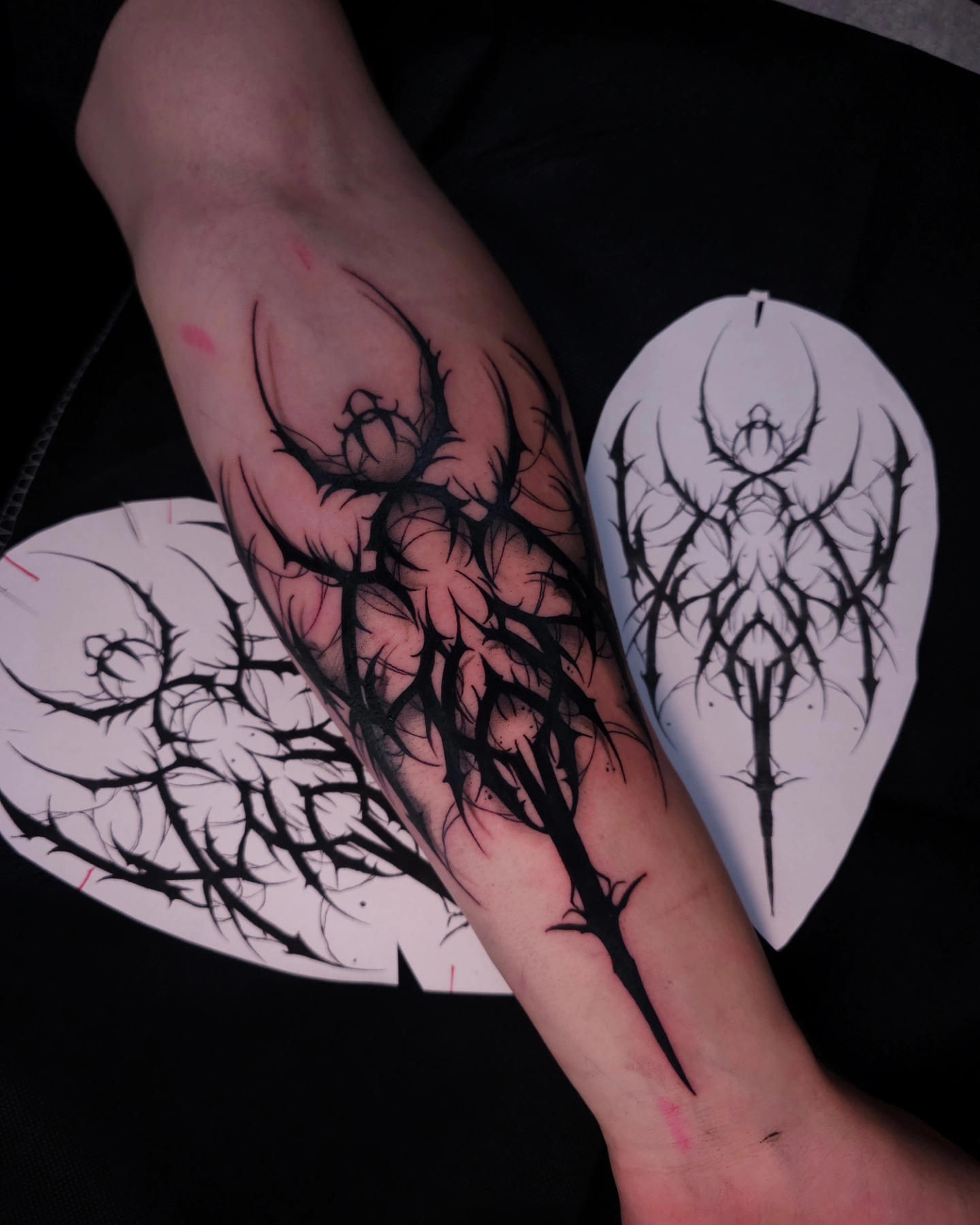 Thorned heart blackwork tattoo on the forearm by Devan Vankirk