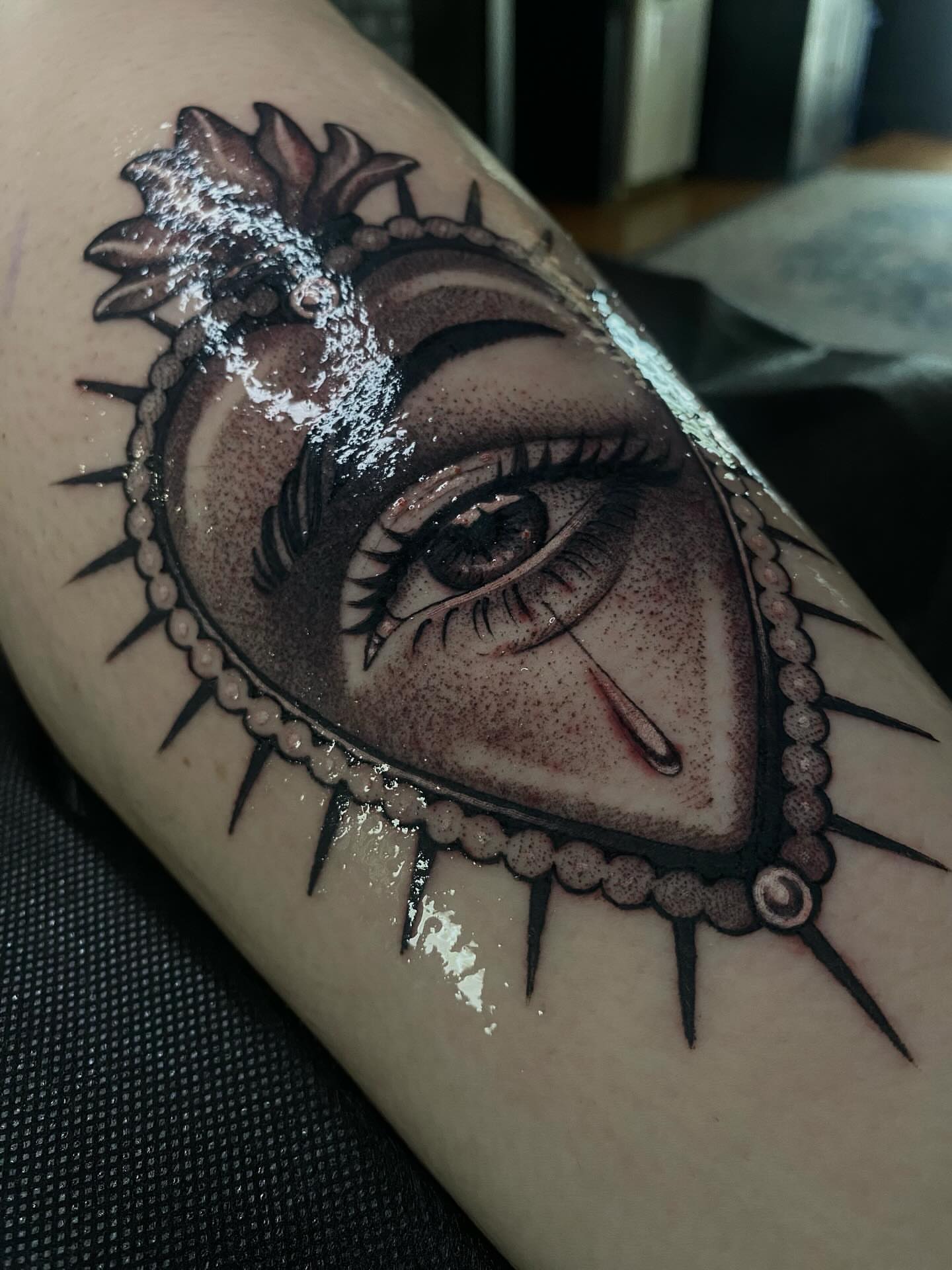 Eye with heart realism tattoo on the forearm by 𝔗𝔞𝔶𝔩𝔬𝔯 𝔈𝔩𝔦𝔷𝔞𝔟𝔢𝔱𝔥, Tulsa, Oklahoma