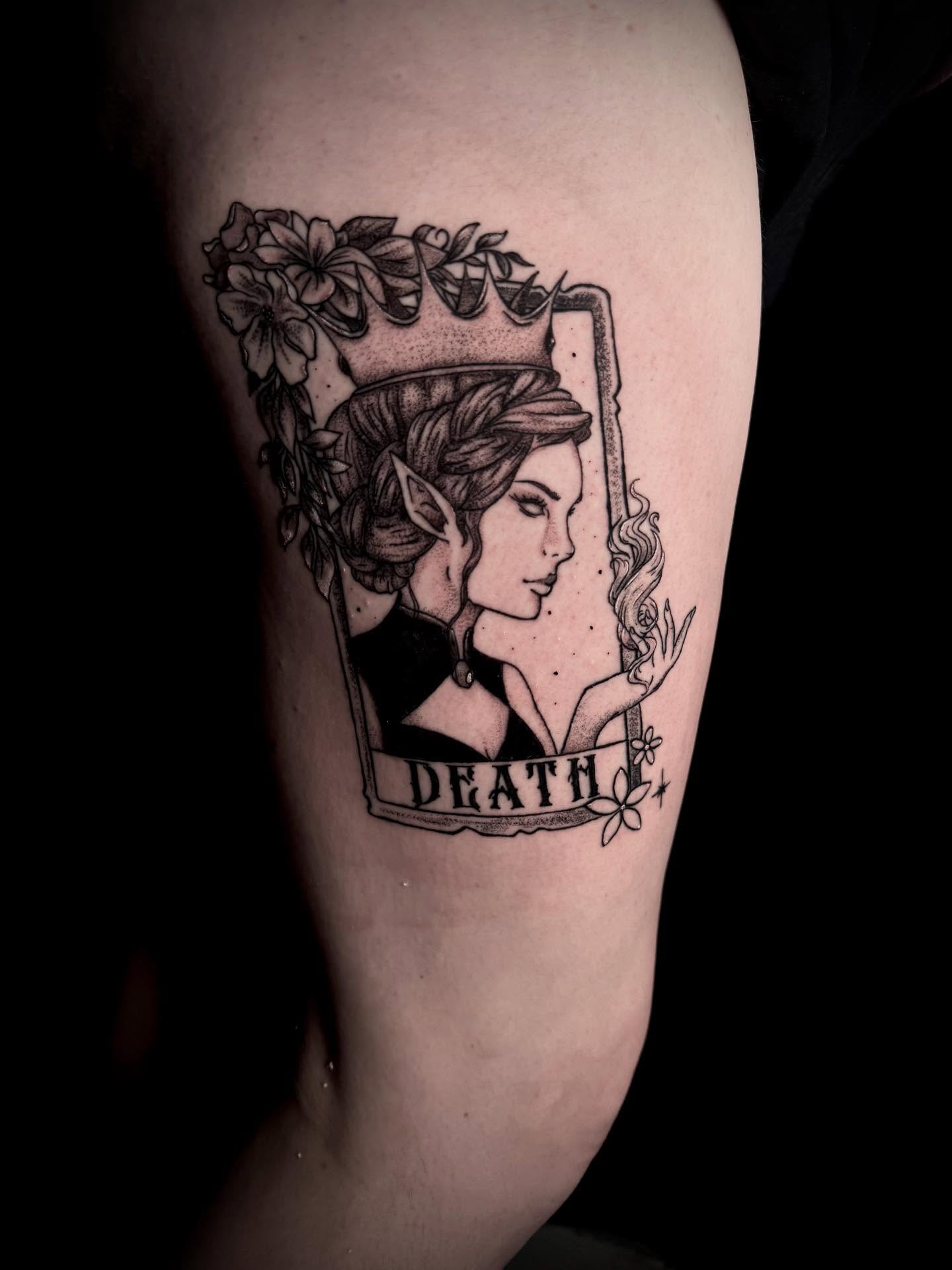 Death card black and grey tattoo on the thigh by Fire-Breathing Bitch Queen