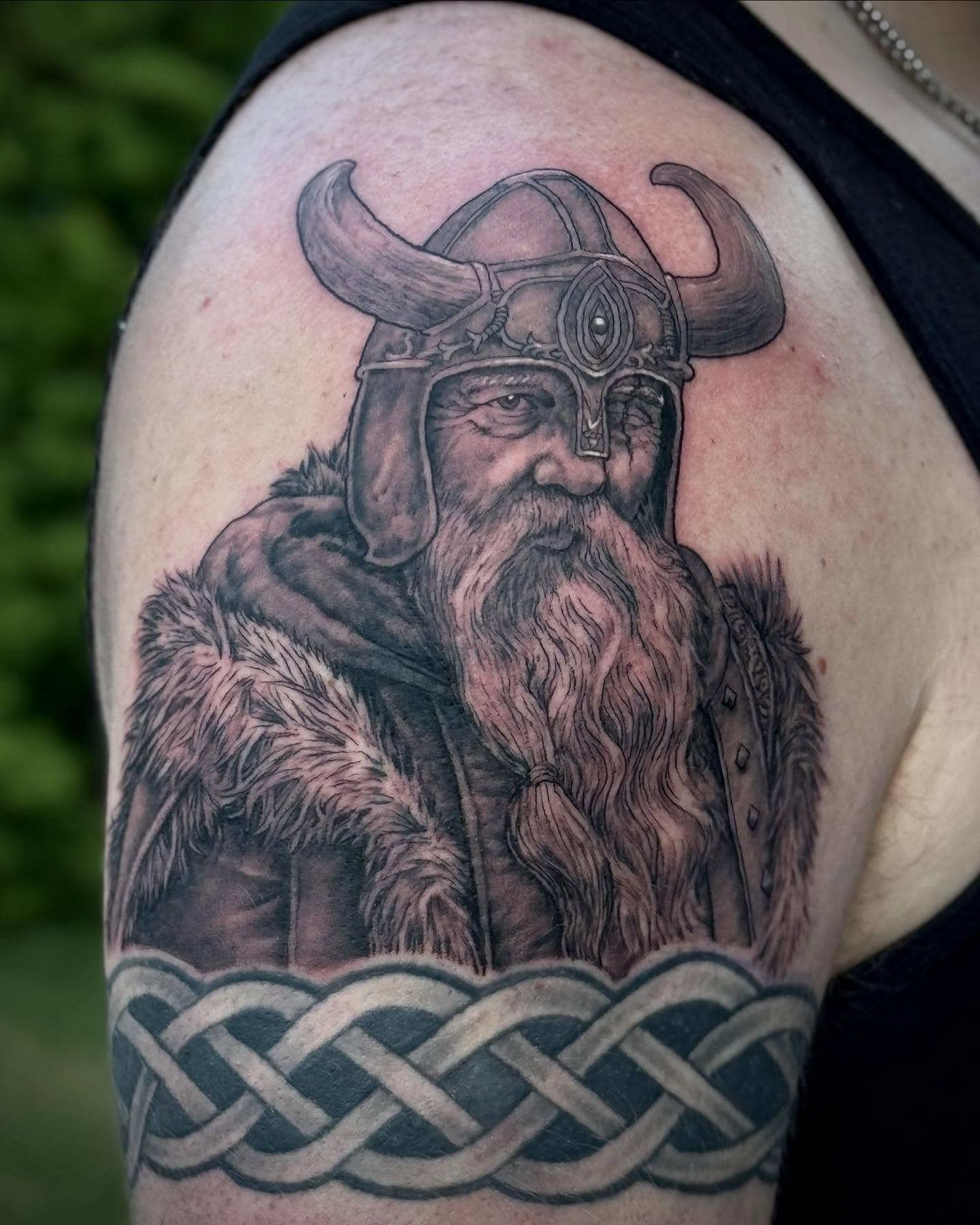 Viking warrior realism tattoo on the shoulder by Iconic Ink, Millbury, Massachusetts
