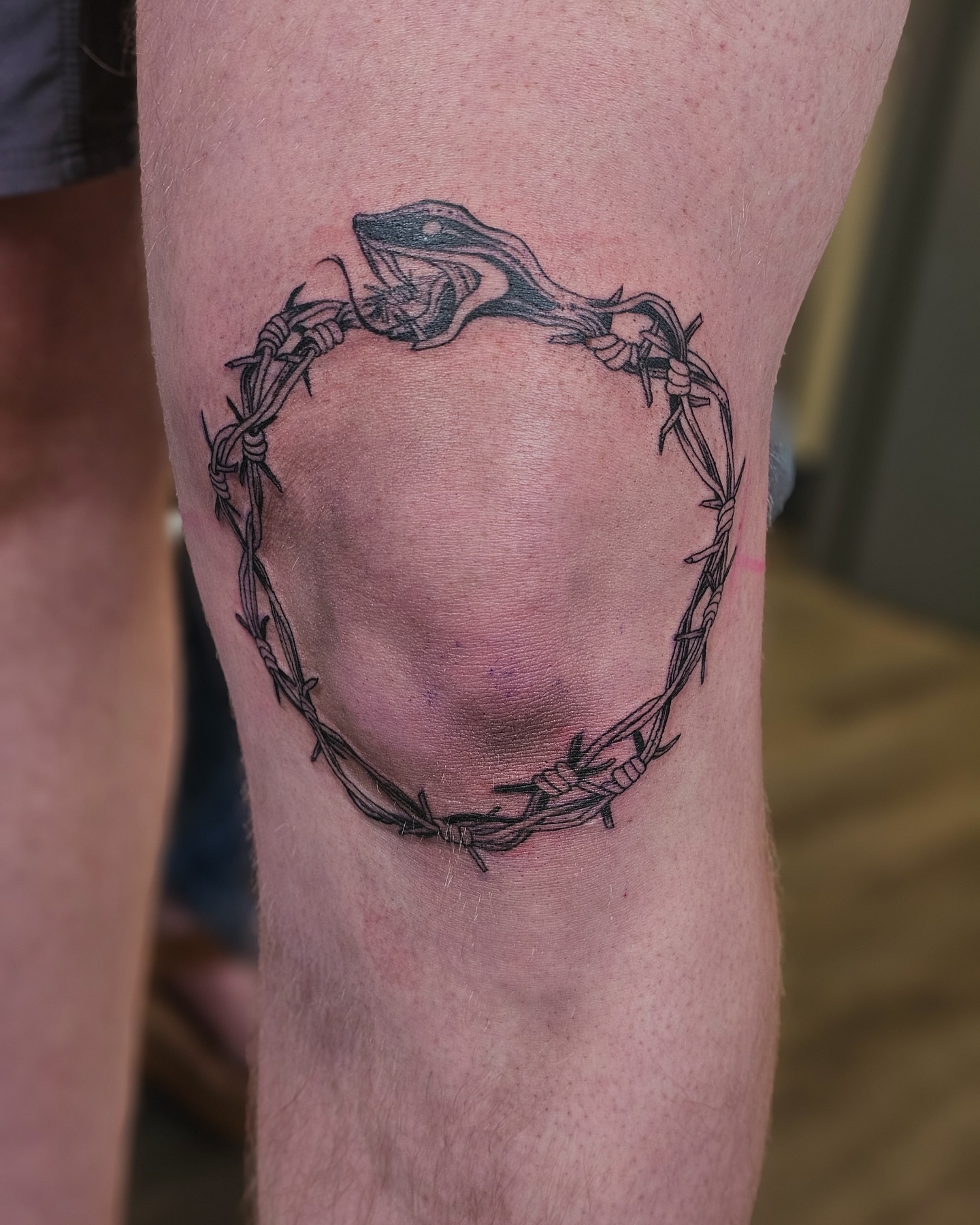 Barbed wire snake black and grey tattoo on the leg by Ella Trick