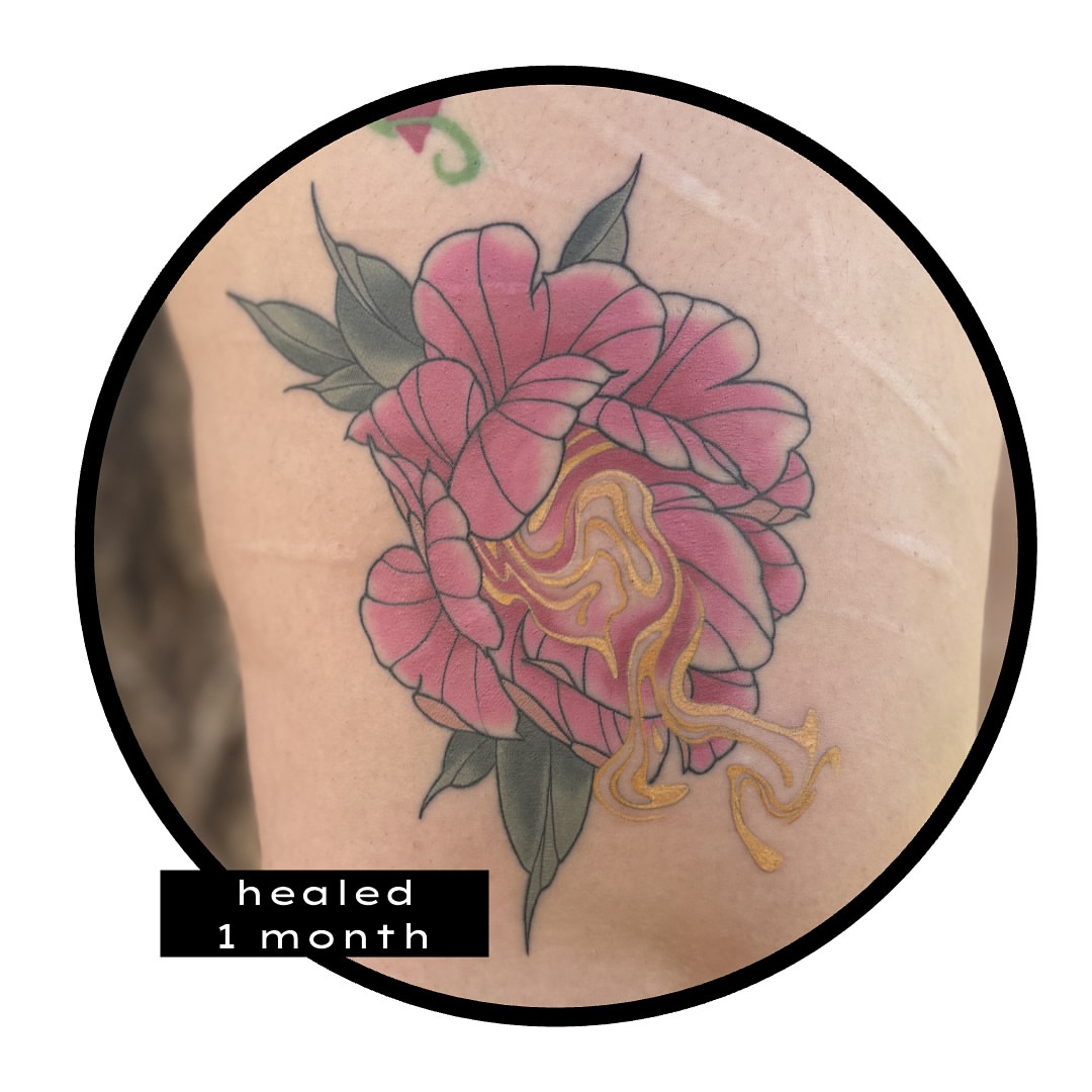 Peony new school tattoo on the shoulder by Sydney