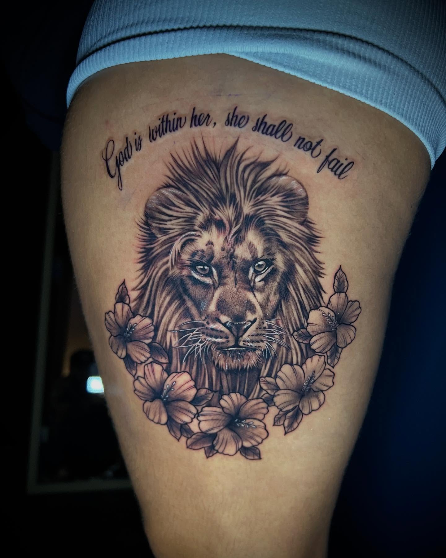 Lion realism tattoo on the thigh by Matthew Arguello