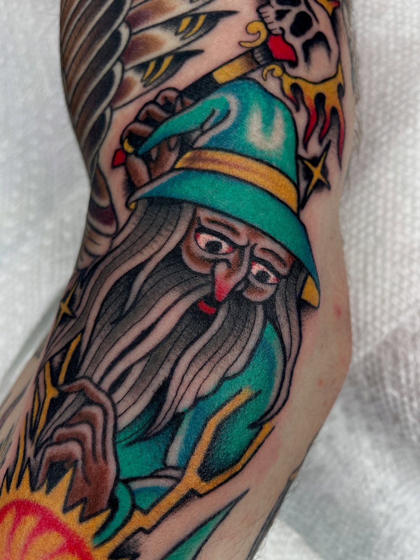 Wizard American traditional tattoo on the forearm by Josh Johns