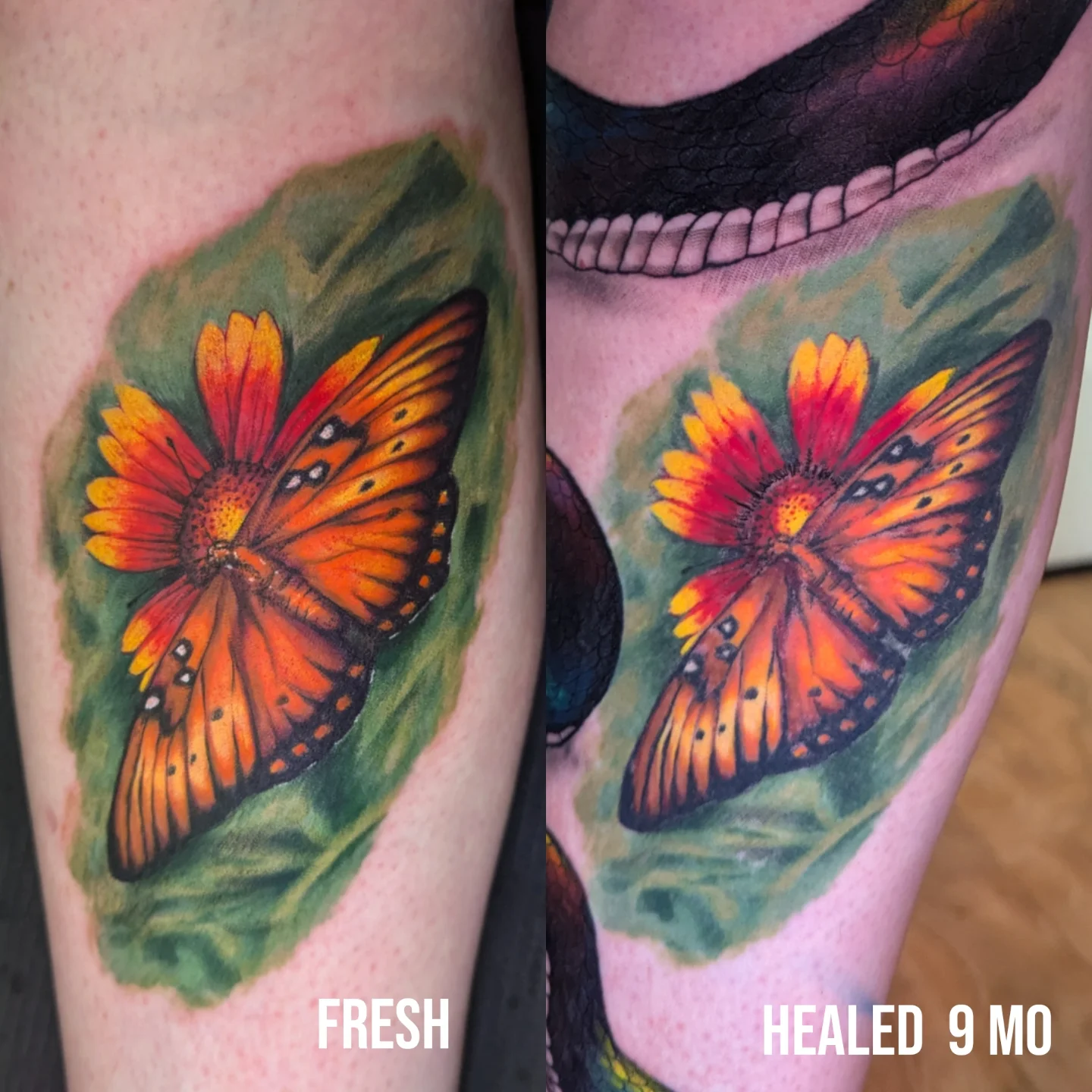 Butterfly and flower realism tattoo on the forearm by Bethany Jane Tattoos