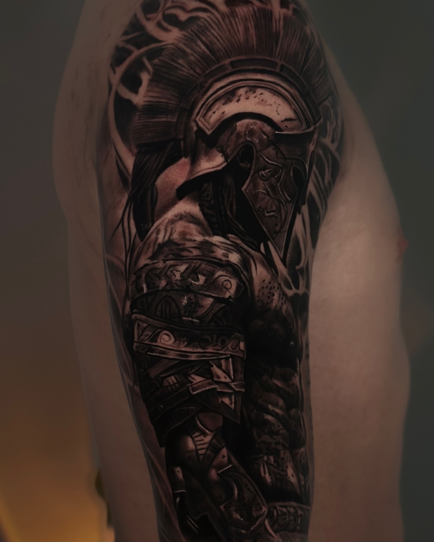 Spartan warrior realism tattoo on the forearm by Nathan, Charlotte, North Carolina