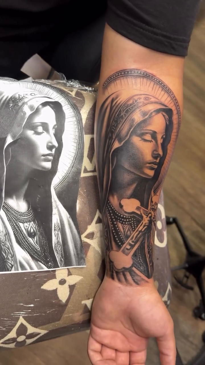 Virgin Mary with halo realism tattoo by inkzombi