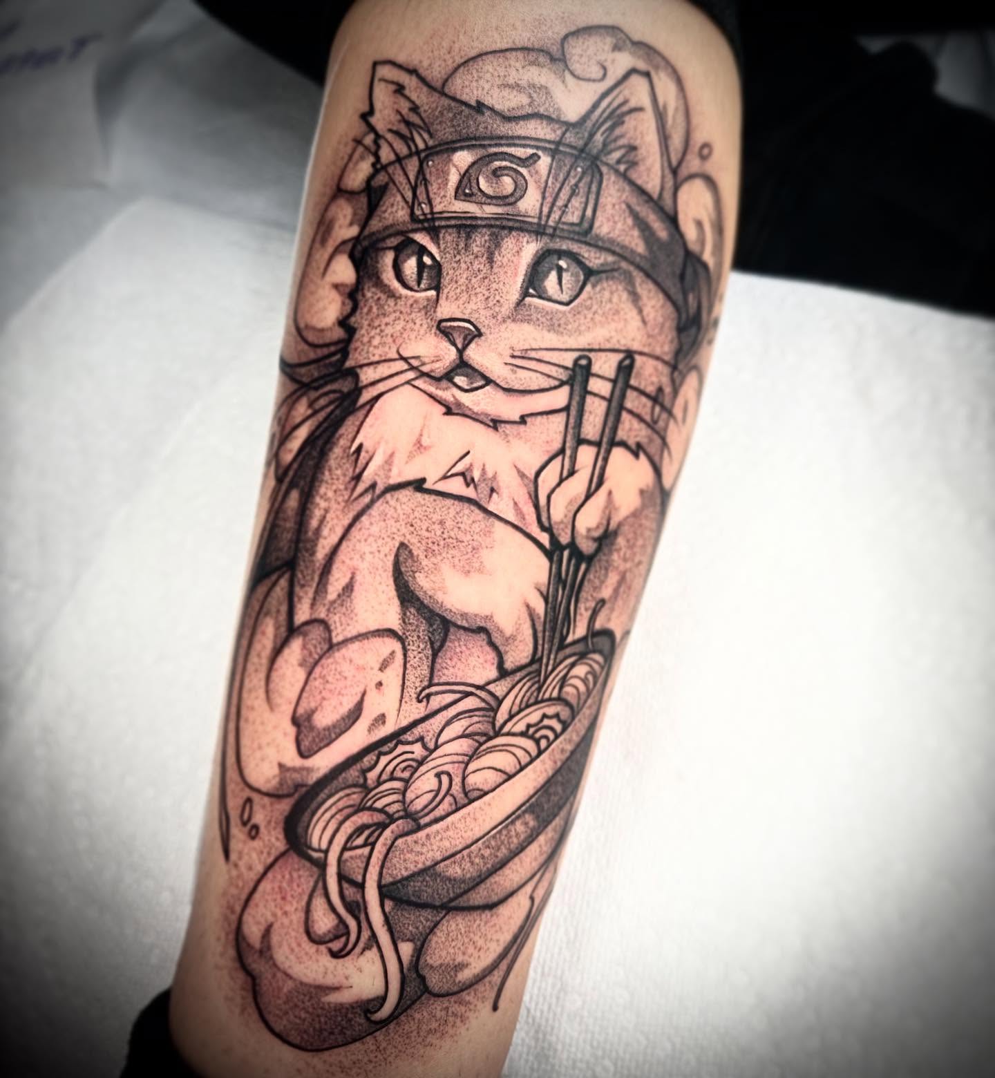 Cat eating noodles dotwork tattoo on the forearm by Angel Rodriguez