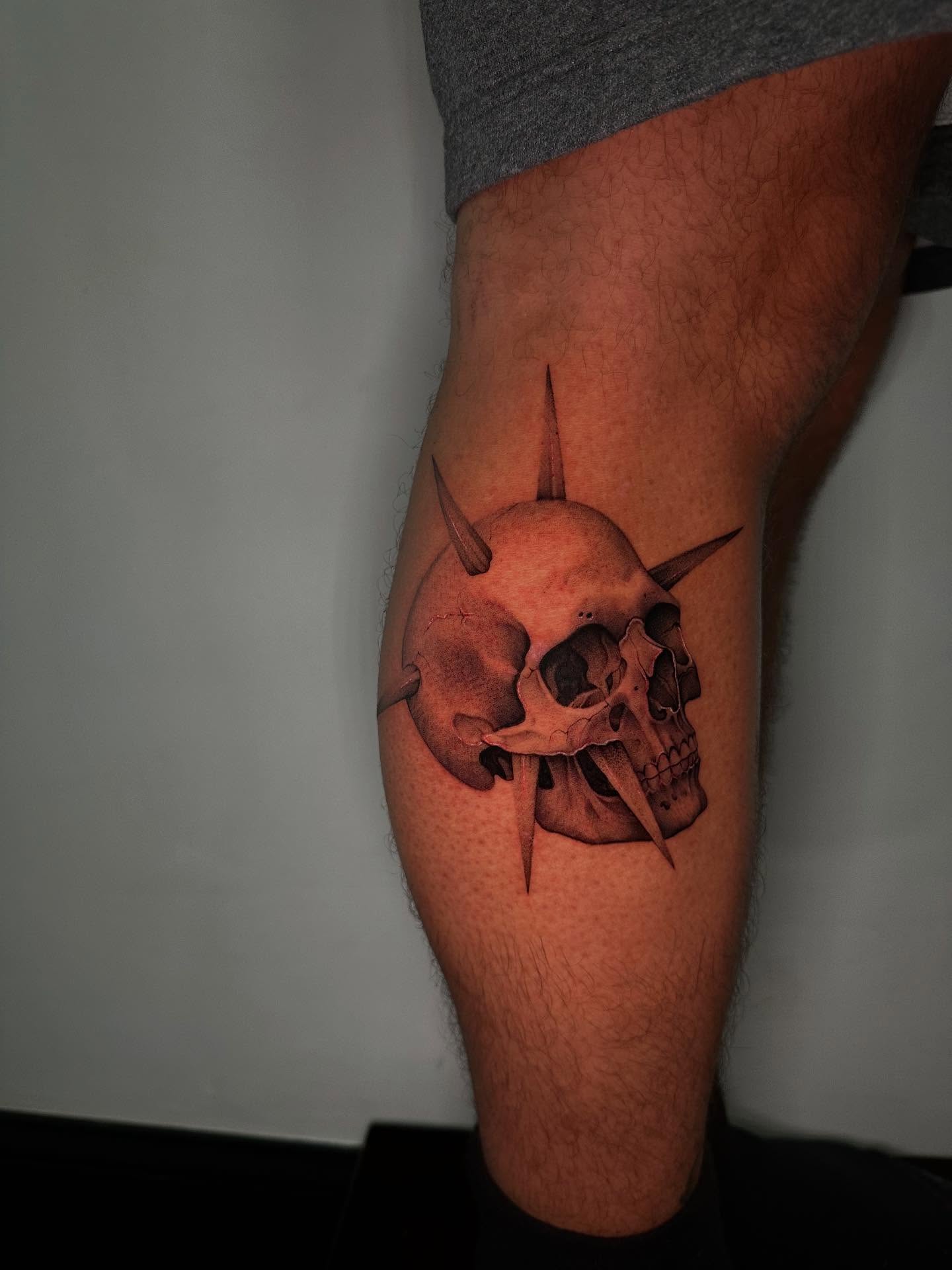 Skull with spikes realism tattoo on the thigh by @piinkywabbiit, Roselle Park, New Jersey