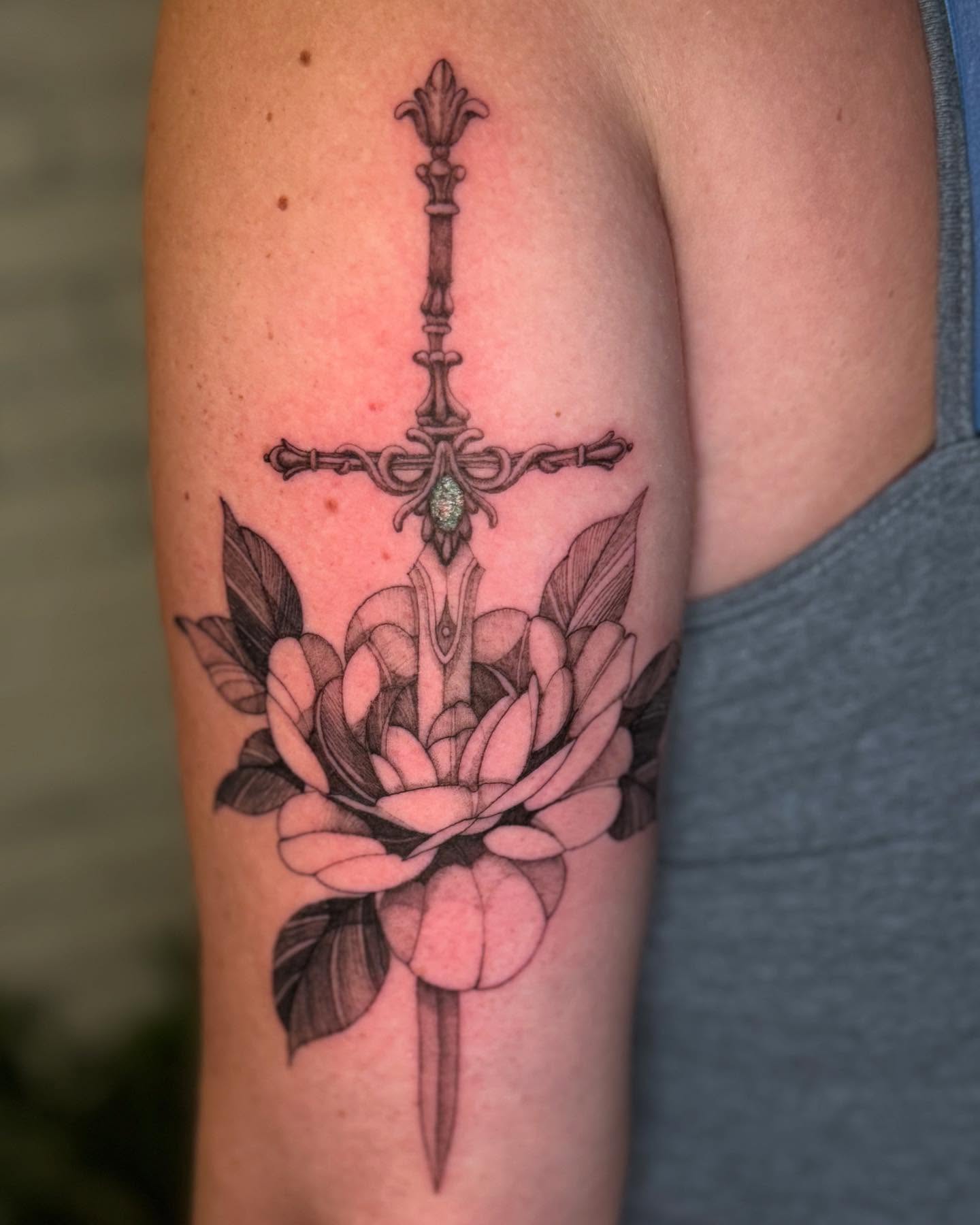 Sword and rose realism tattoo on the forearm by ❀ Moo, Mount Laurel, New Jersey
