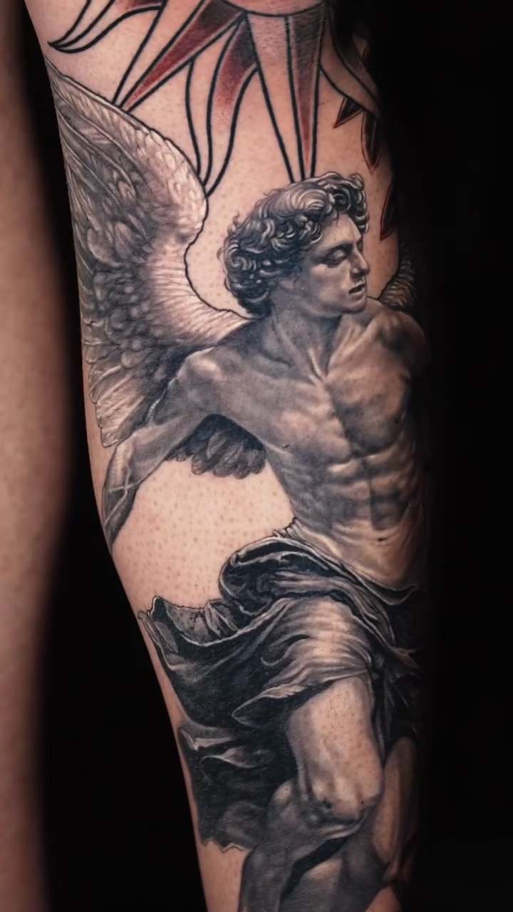 Angel with sun realism tattoo by Duniel Garcia
