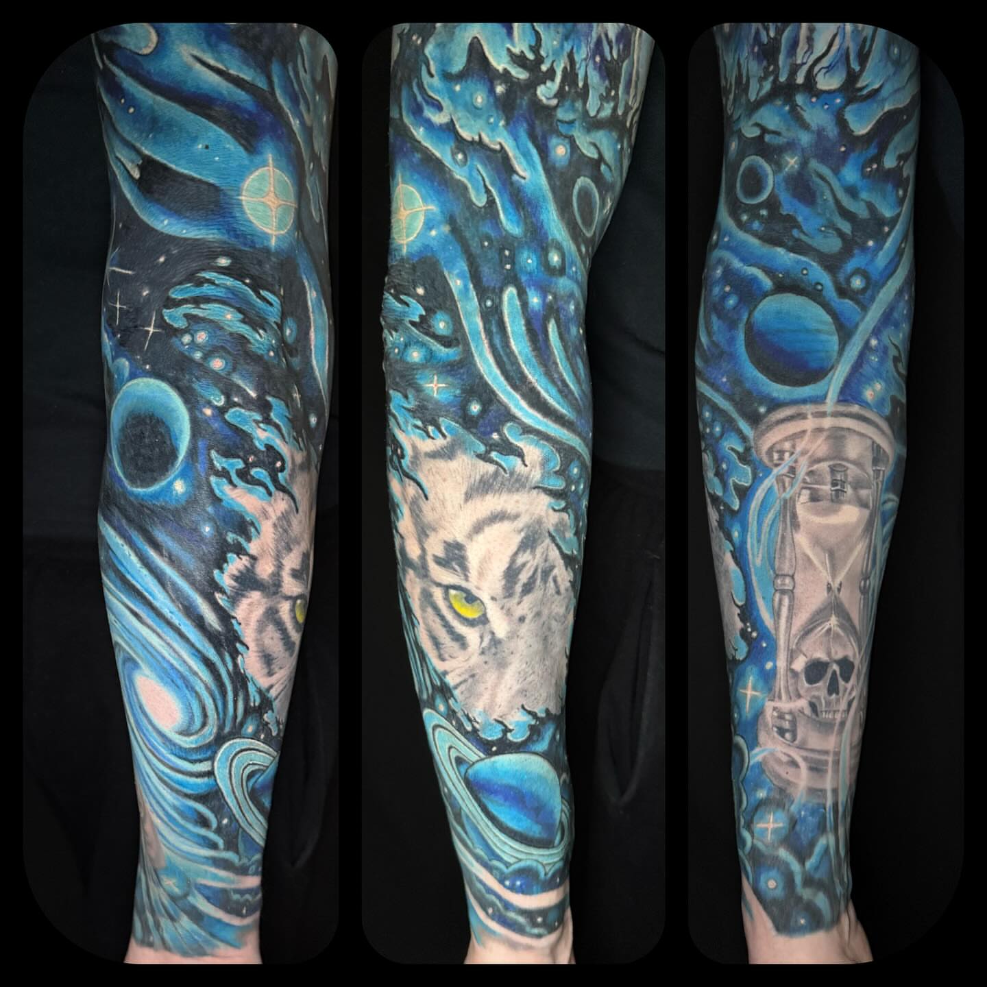 Galactic tiger surrealism tattoo on the forearm by Patrick Cornolo