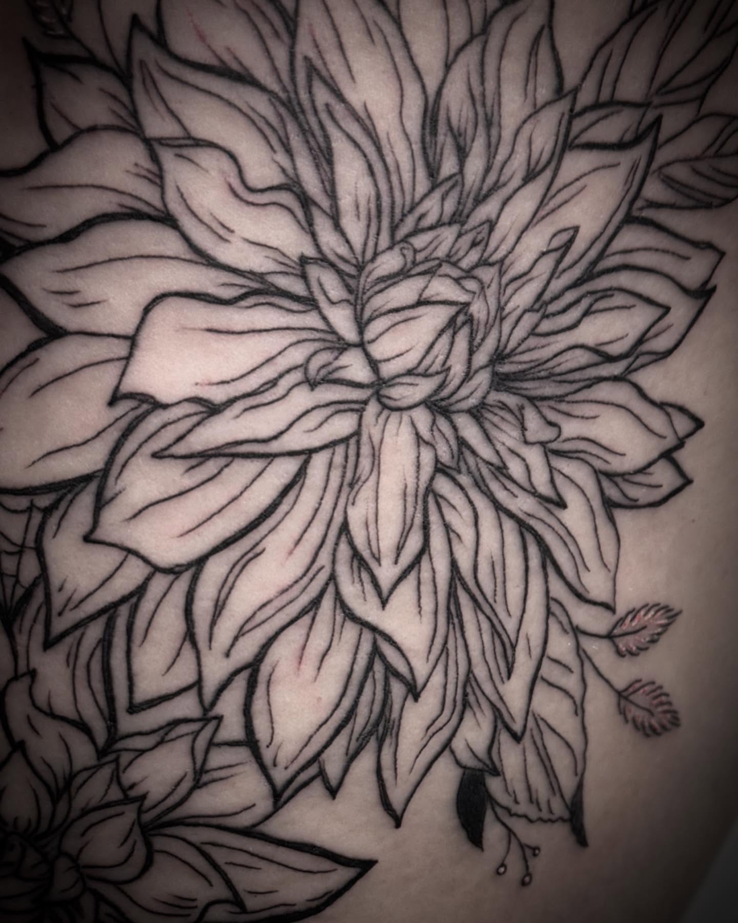Dahlia black and grey tattoo on the shoulder by Christen Wolfe CA Tattooer