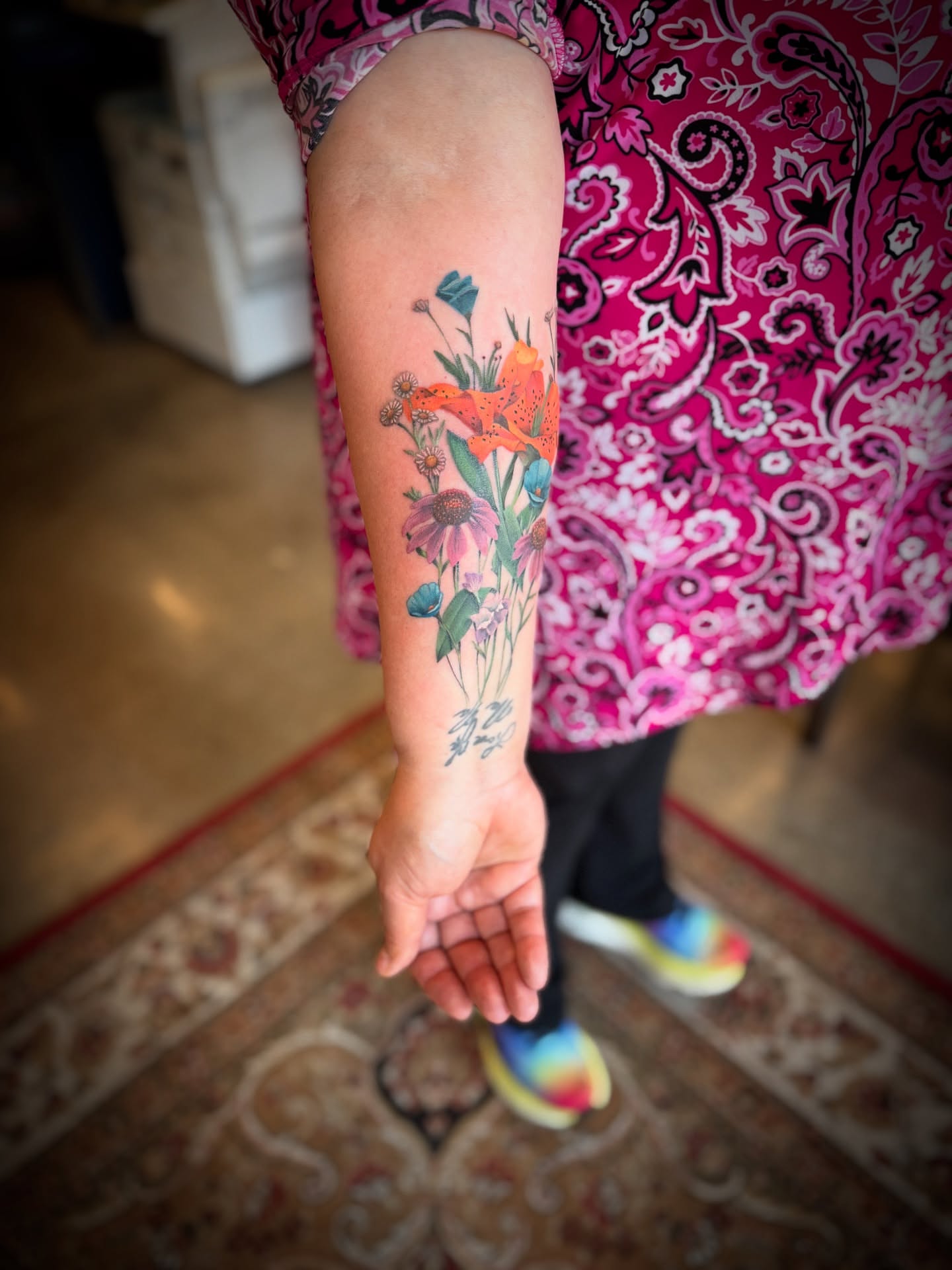 Floral arrangement watercolor tattoo on the forearm by Kbryanttattoos, Ohio City, Ohio