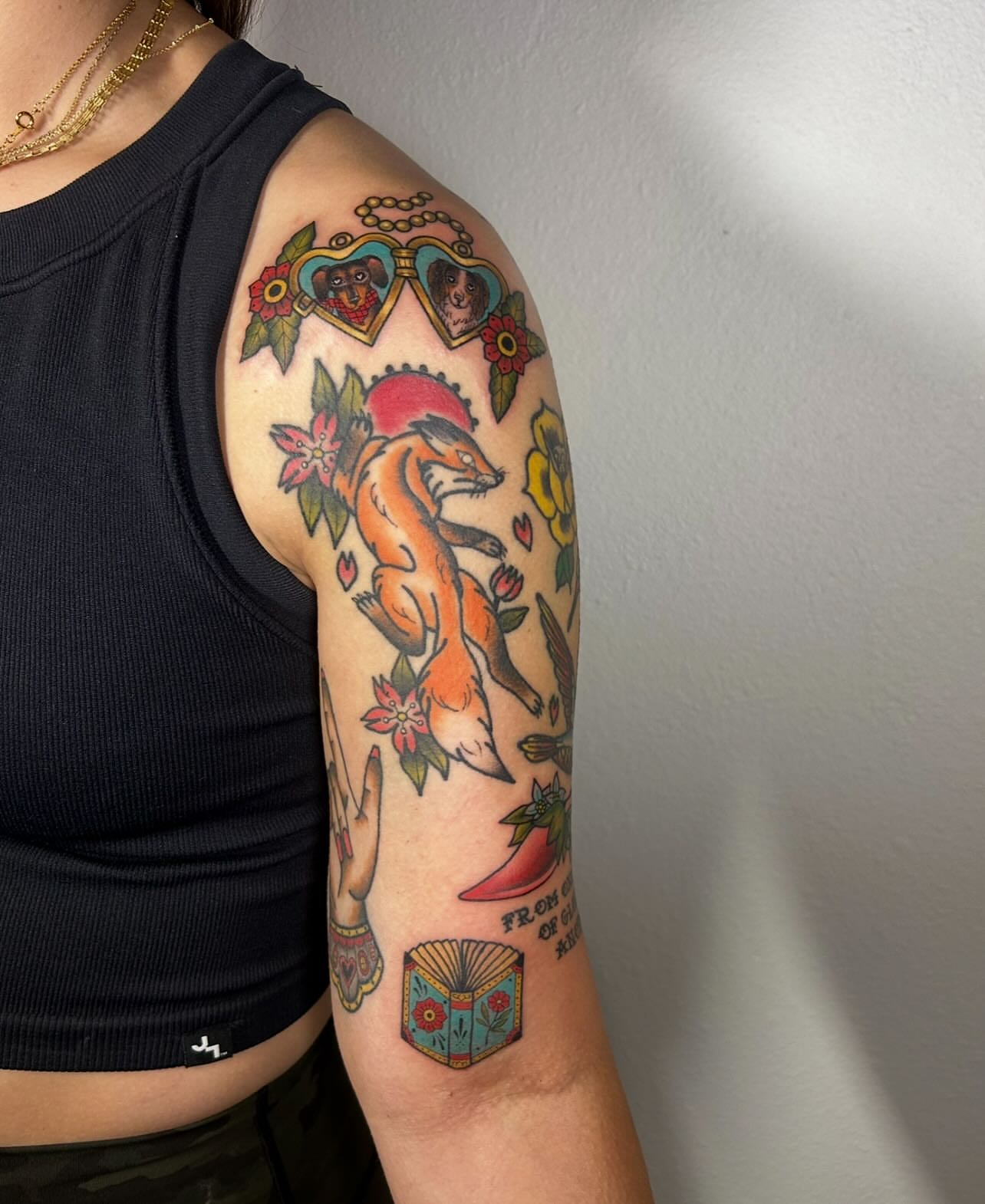 Fox and flowers American traditional tattoo on the upper arm by ๐ Michelle ๐