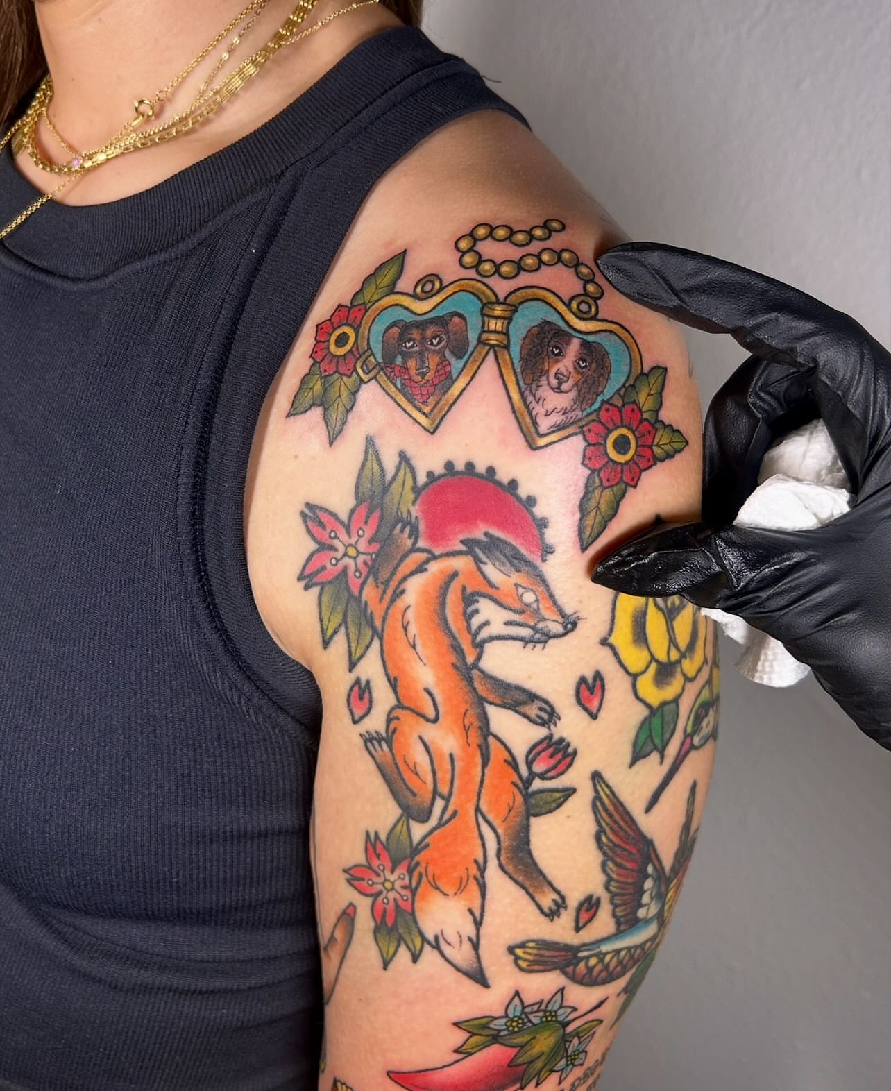 Fox and dogs American traditional tattoo on the upper arm by ๐ Michelle ๐