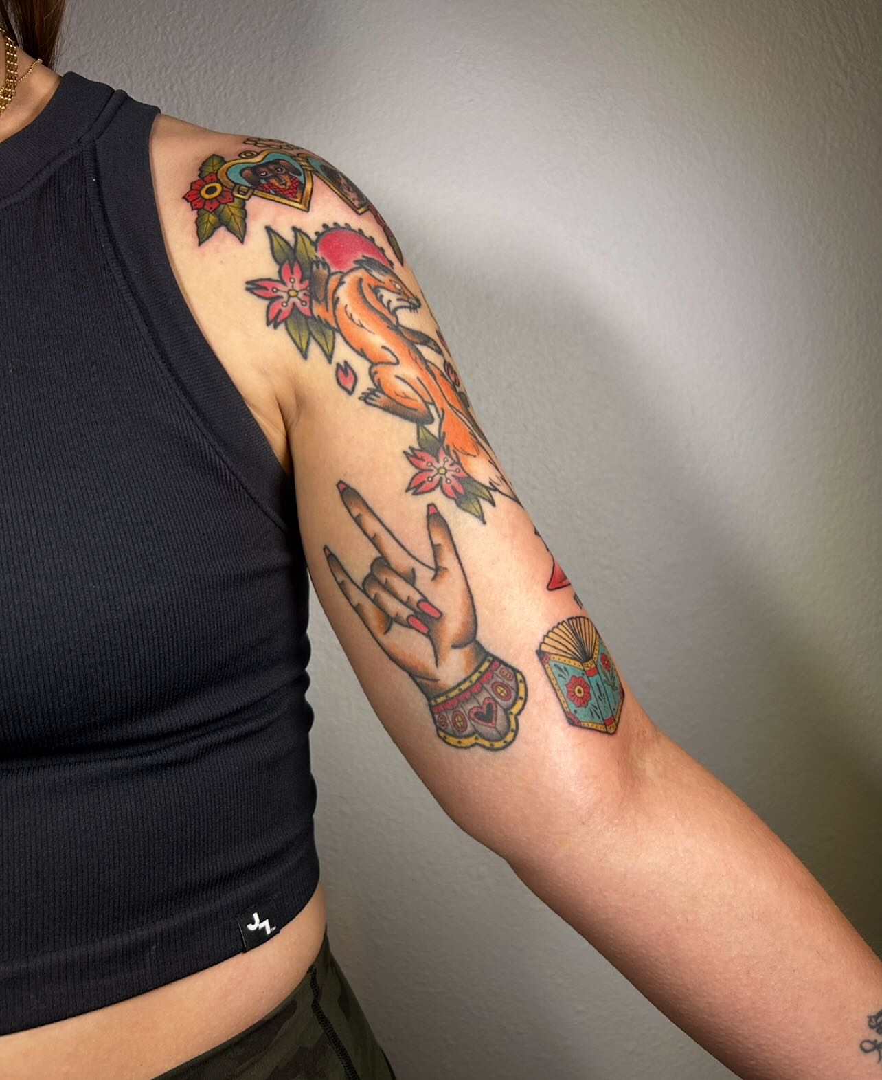 Fox and hand gesture American traditional tattoo on the forearm by ๐ Michelle ๐
