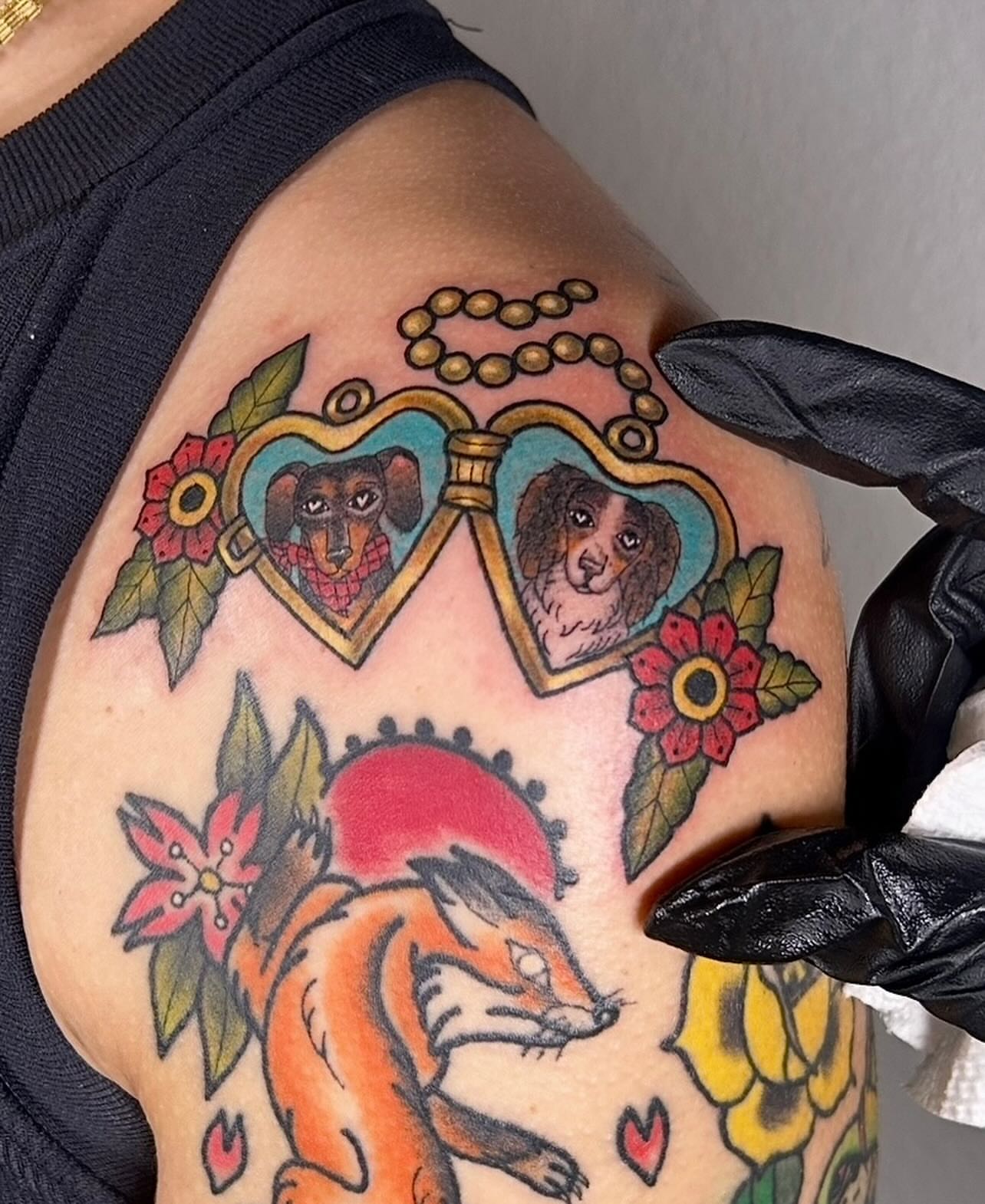 Dachshund and fox American traditional tattoo on the thigh by ๐ Michelle ๐