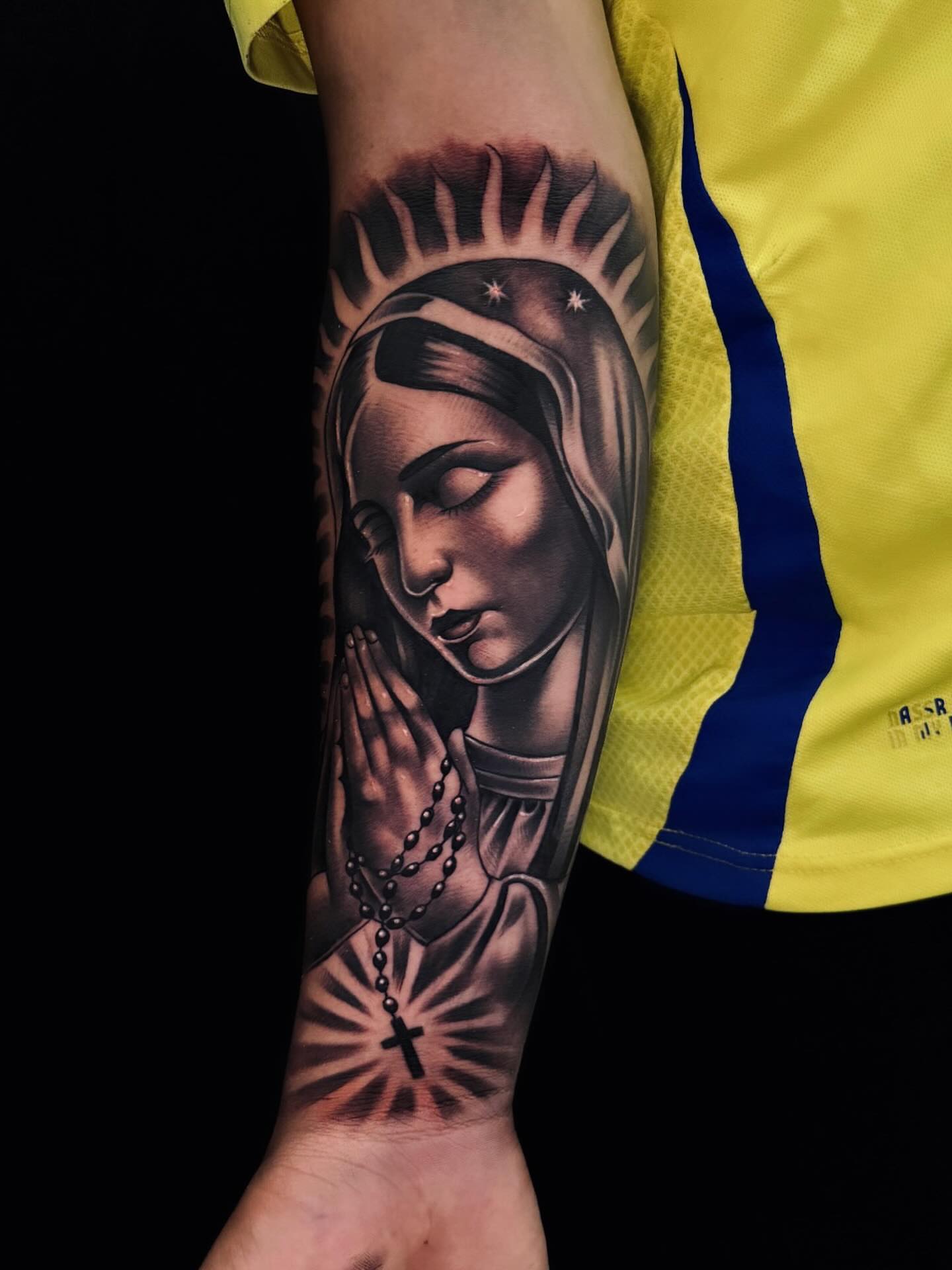 Religious figure praying realism tattoo on the forearm by ⚜️Alex Alvarez⚜️