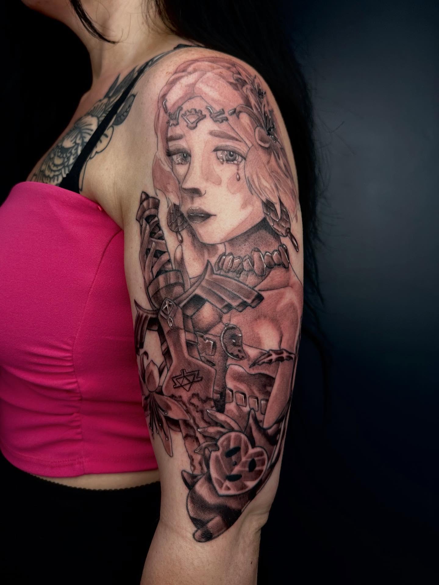 Cyborg girl realism tattoo on the upper arm by Son Salem
