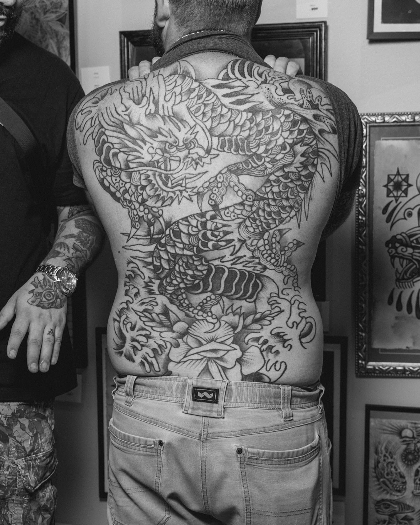 Dragon and lotus japanese irezumi tattoo on the back by Mitch Braver