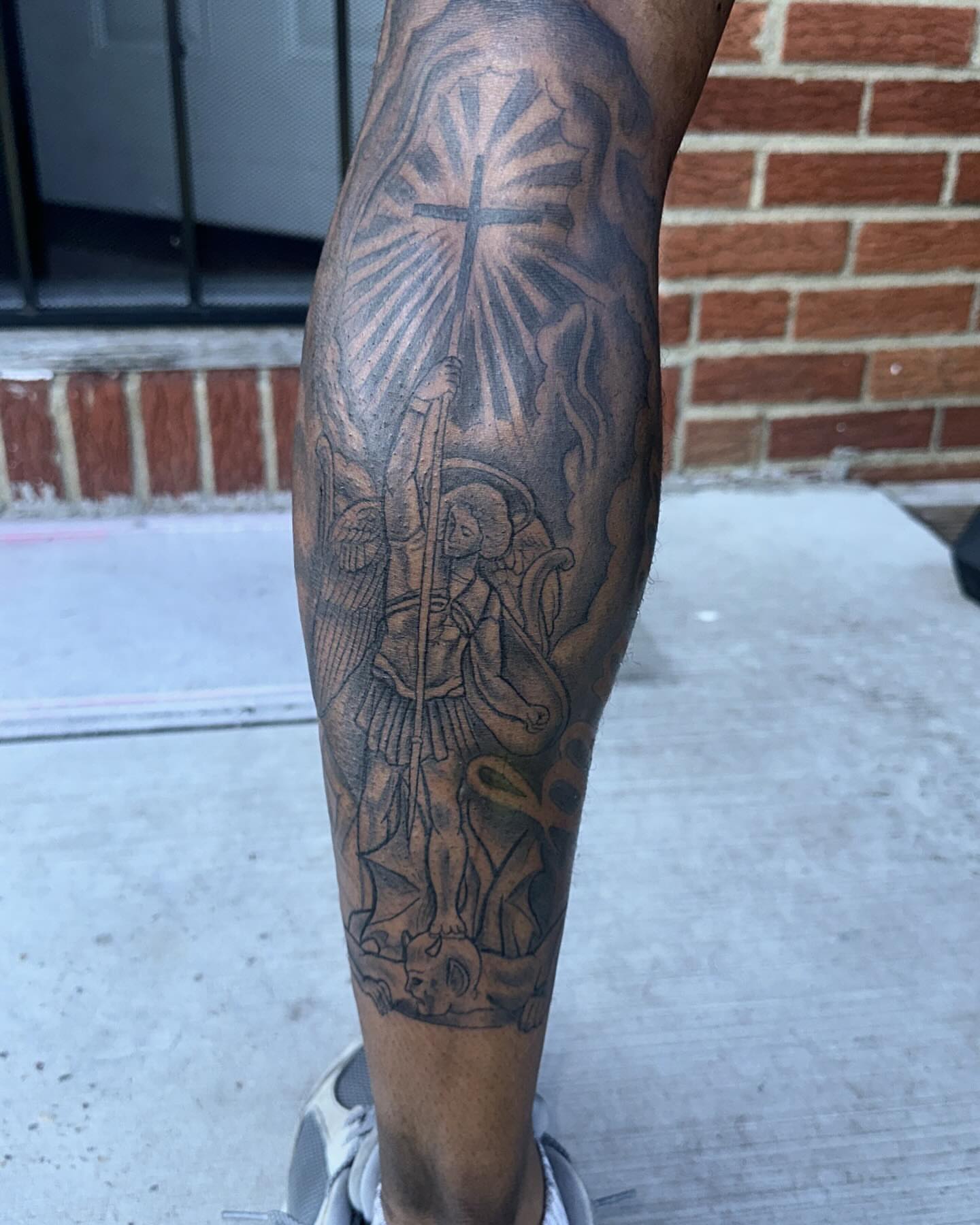 Angel with cross American traditional tattoo on the forearm by Chieftats614π₯